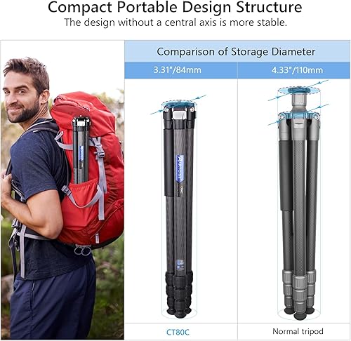 Miniatura 3 de Trípode de cámara de carbono de diseño compacto con bolsa de piedra de 1.280 in Max Leg Tube estable ligero soporte de viaje de fibra de carbono