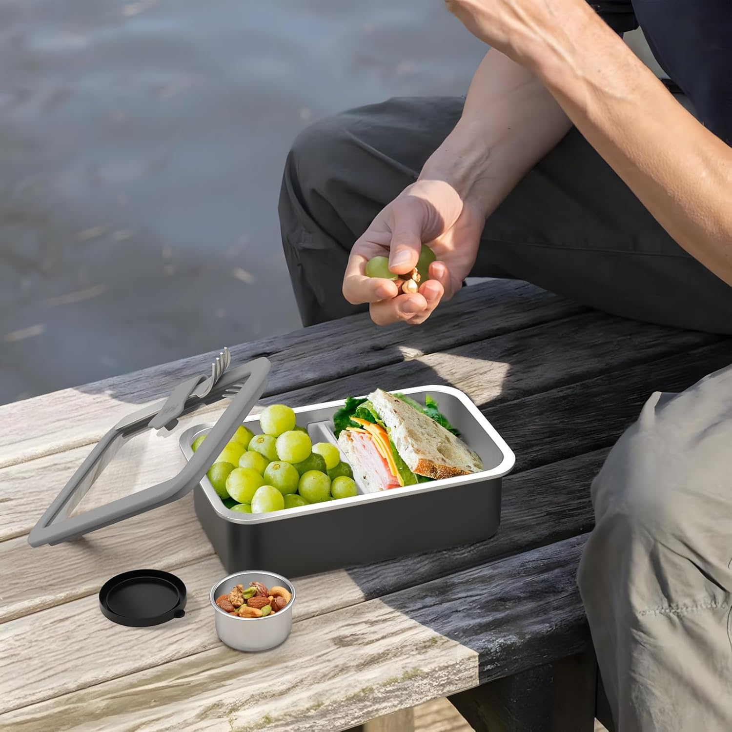 Stainless Steel Bento Box for Adult, 42oz Leak-Proof Lunch Box Containers with Adjustable Divider, Microwave-Safe, Metal Lunchbox with Glass Lid for Work Travel, Black - Image 8