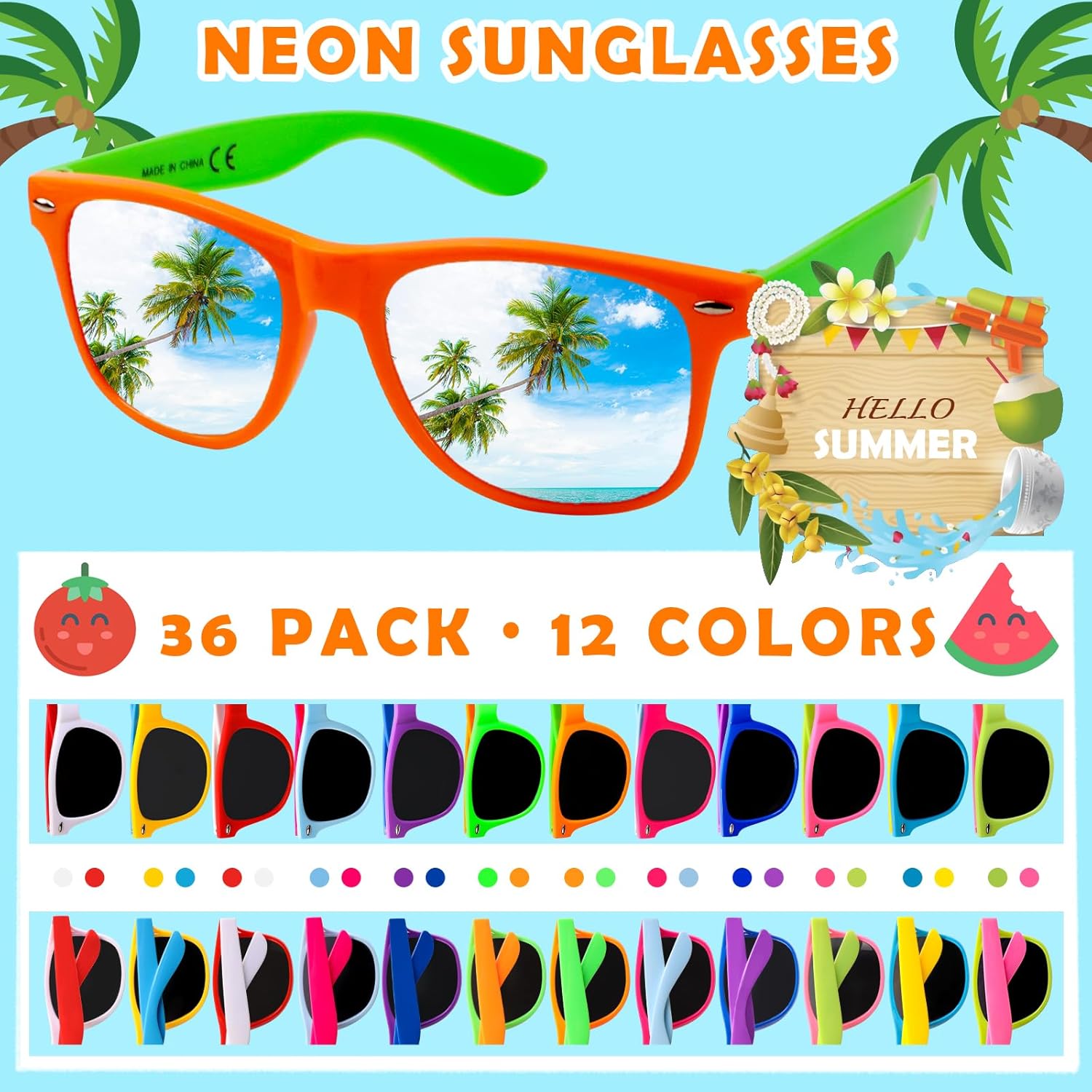 Neon Sunglasses Bulk,36 Pack 12 Colors Sunglasses with UV400 Protection for Adults and Teens, Party Favor for Pool Party, Beach Party, Goodie Bag Fillers, Birthday Party Supplies