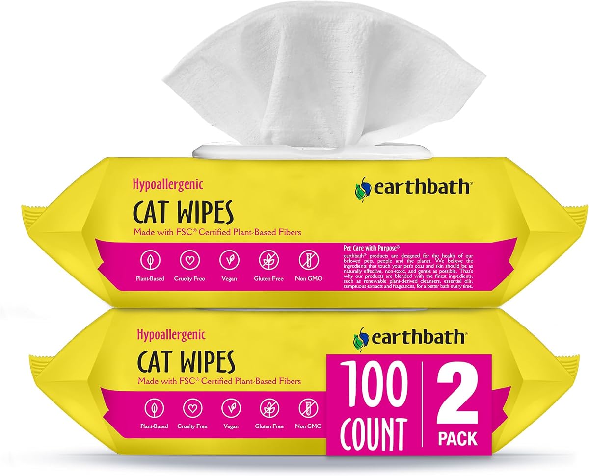 toallitas hipoalergénicas para gatos Earthbath, fabricadas en EE. UU., 100 unidades (paquete de 2) | Toallitas para gatos sin fragancia para patas y glúteos