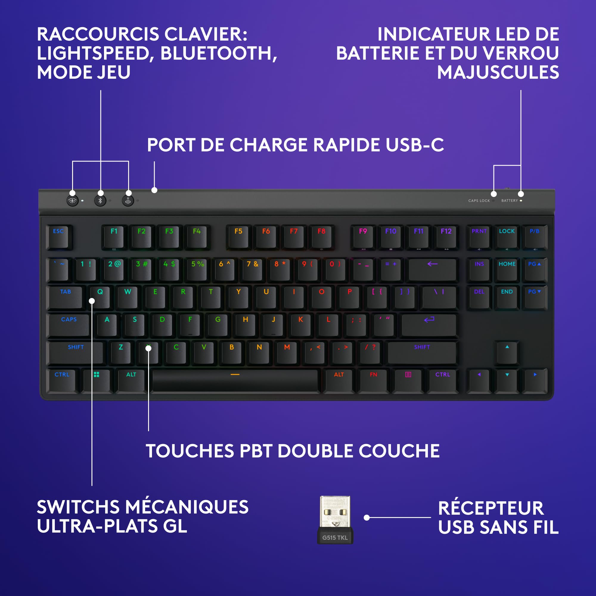 Logitech G G515 Lightspeed TKL profilé Clavier Gaming sans Fil, LIGHTSYNC RVB, Profil utra-Plat sans pavé numérique, Touches en PBT, Contacts mécaniques linéaires, Clavier Français AZERTY - Noir