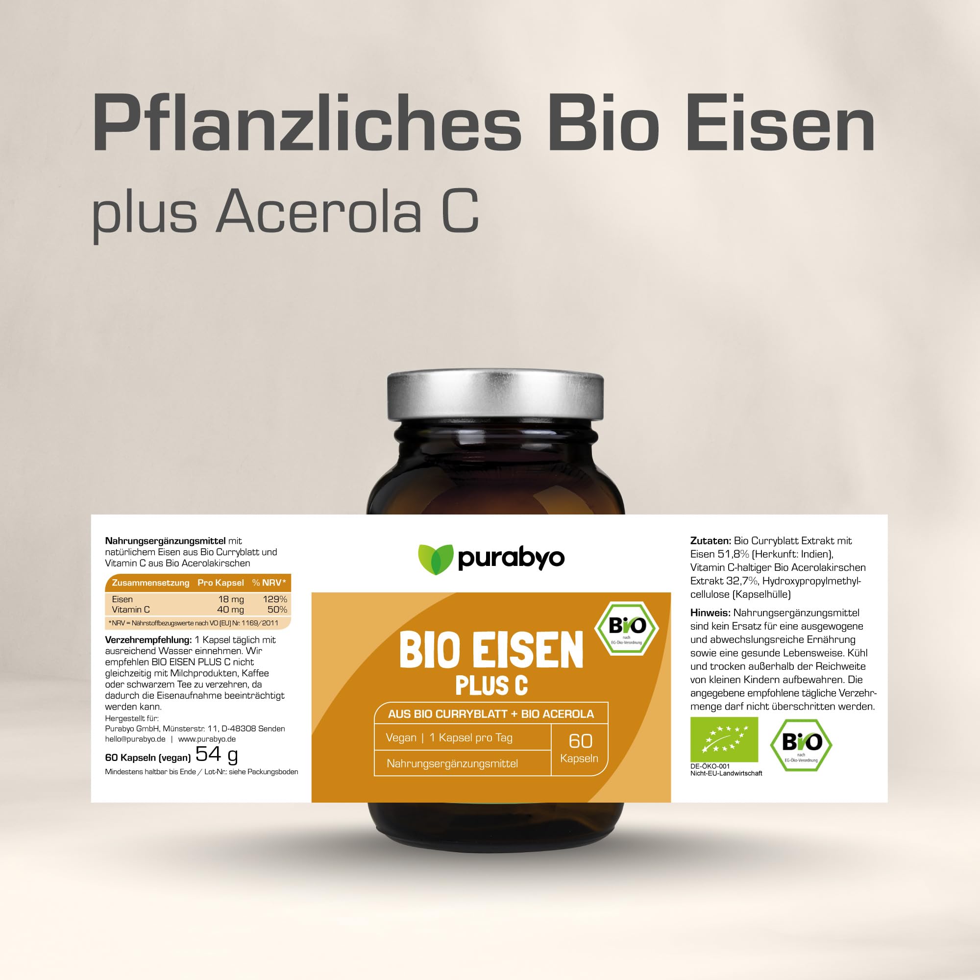 Purabyo BIO Eisen aus Curryblatt mit 40 mg natürlichem Vitamin C aus BIO Acerola | im Glas | 18 mg Eisen mit 129% NRV | Nur 1 Kapsel täglich | vegan, laborgeprüft und in Deutschland hergestellt