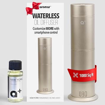 AROMAR Smart Waterless Oil Diffuser - Cold-Air Essential Scent Machine, App-Controlled, Covers 1000 Sq.Ft - Includes New York Scent - Perfect for Home, Office, Business use - Gold