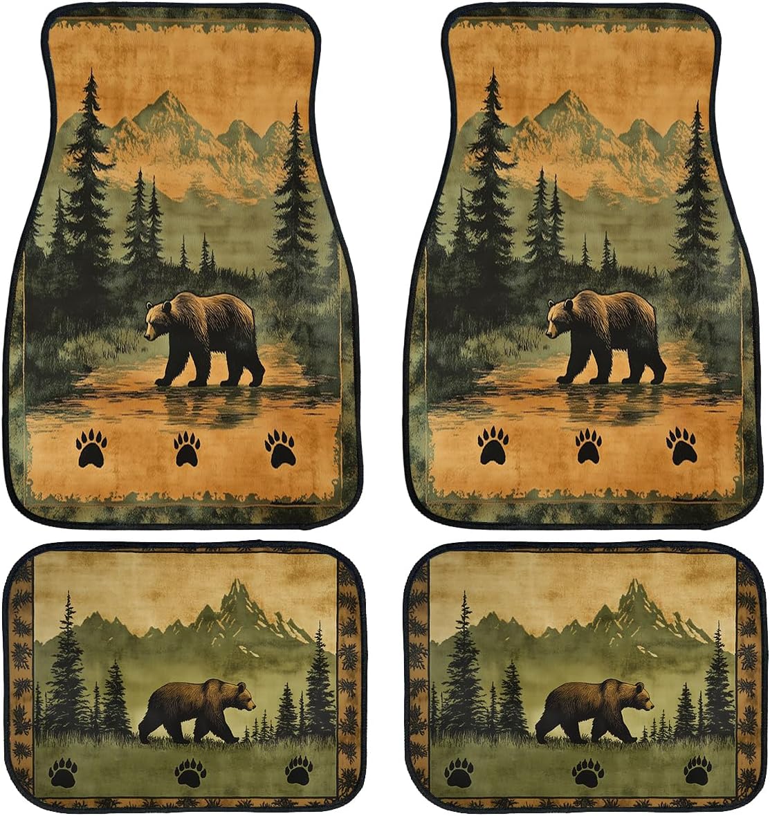 Bear Car Floor Mats Set of 4 Vintage Rustic Forest Lodge Mountain Automotive Foot Mats Rugs Carpet for Car Non-Slip Auto Car Accessories Universal Fit Car Accessories for Truck