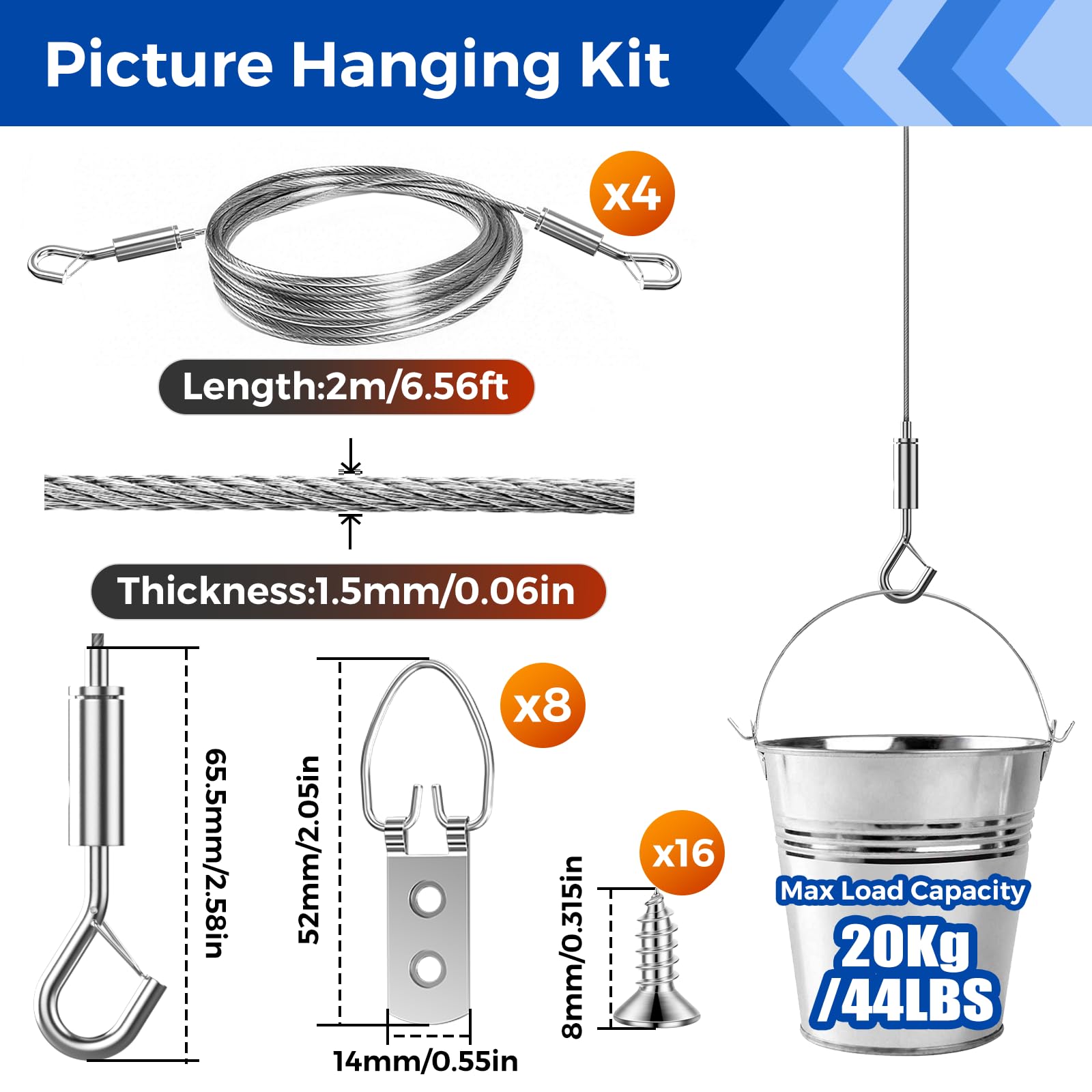 Adjustable Picture Hanging Wire Kit,4 Pack Picture Rail Hooks And Wire,D Rings For Picture Hanging,Mirror Hanging Kit Heavy Duty Pictures Hang Cord For Art Pictures Mirrors Billboards Frame Canvas(2m) - Image 2