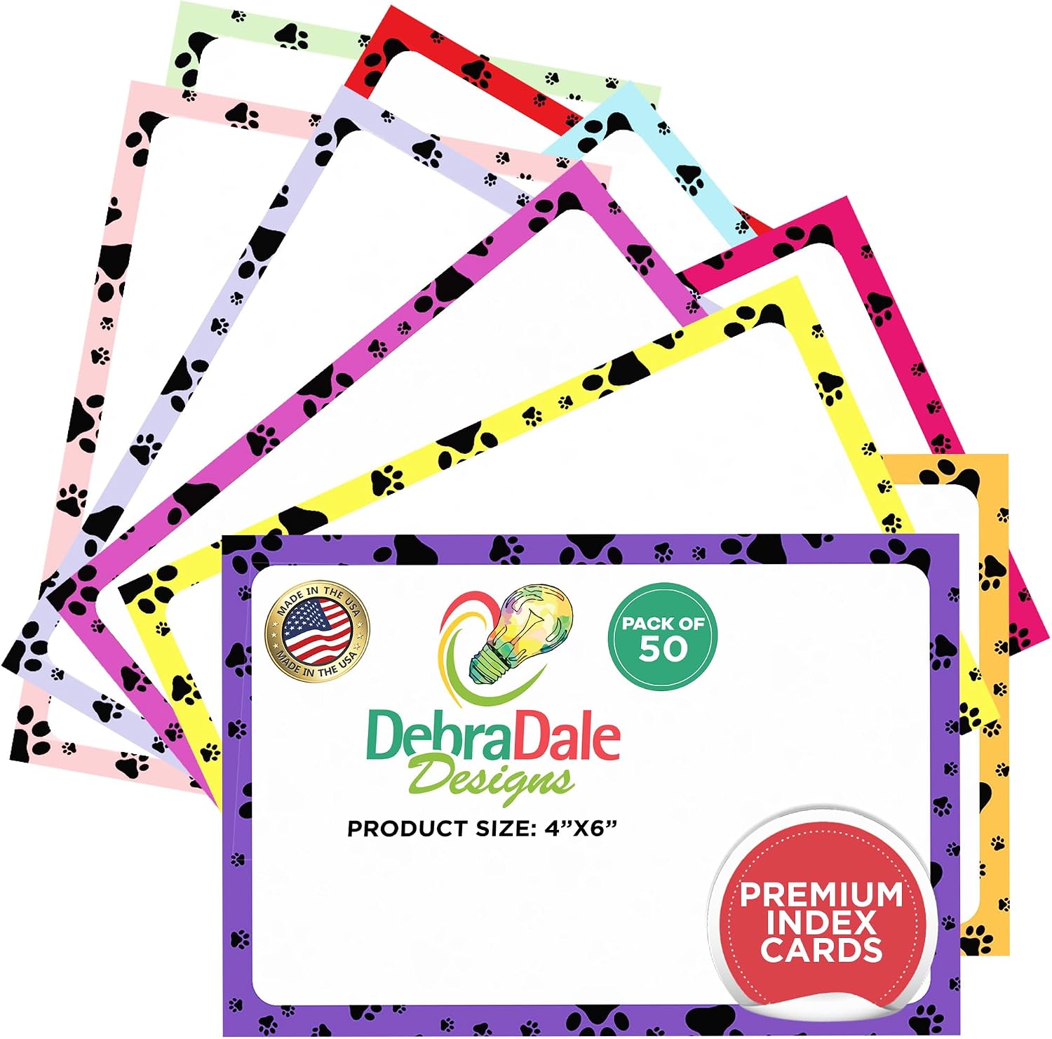 Debra Dale Designs Paw Print Index Cards – 50 Pack 4″ x 6″ Blank Heavy Cardstock – Vet Clinic Memorial Stamp Cards – Made in USA