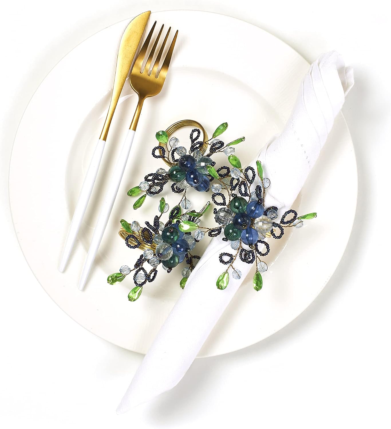 Penguin Home® Hand Made Floral Style Pearl Napkin Rings | Beads on Iron Mesh | Blue & Green | Size - 10.5 x 10.5 x 6.5 cm | 6 Pack |