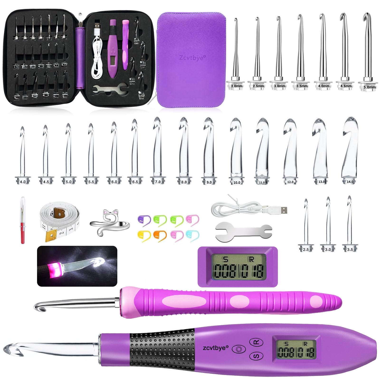 Transplant 24-in-1 Ergonomic Crochet Hooks Set with LED Light & Stitch Counter – 2.0-14.0mm Interchangeable Metal & Plastic Hook Heads, Yarn Needles, Stitch Markers, Ruler, Thimble & Storage Case