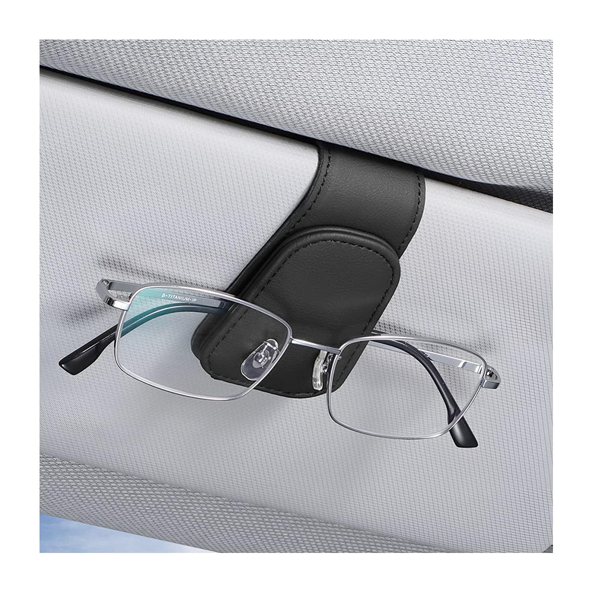 AICEL Sunglasses Holders for Car Sun Visor, Leather Magnetic Clip, Black
