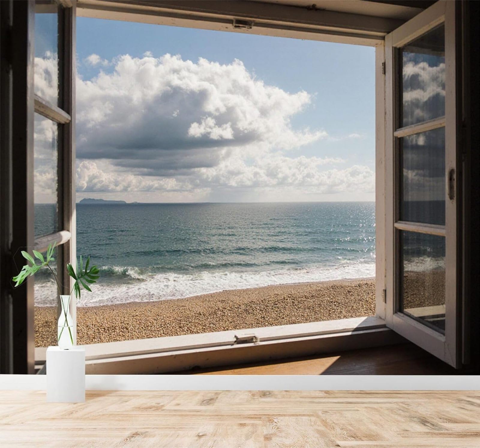 Tzxztt Open Window Beach Clouds Coast Seascape Modern 3D Wallpaper Premium Textured Silk Neutral Tones Material Ideal for Living Room Bedroom-430cm×300cm