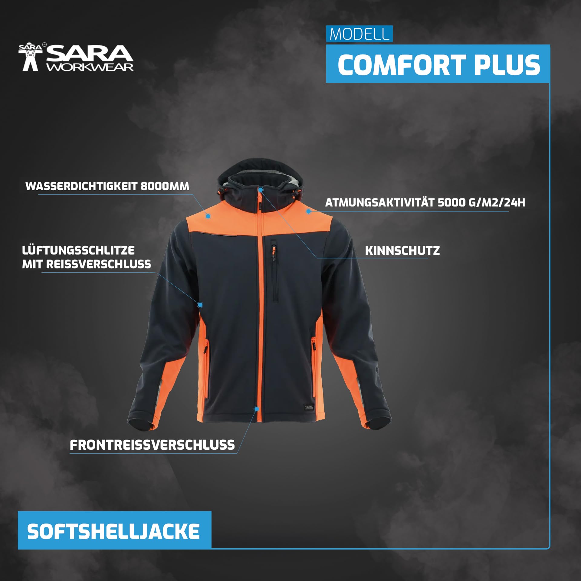 SARA WORKWEAR Arbeitsjacke Herren Softshell - Arbeits Softshelljacke Wasserdicht, Winddicht und Atmungsaktiv - Arbeitskleidung Herren aus Fluoreszierenden Materialien Gr.S-XXXL