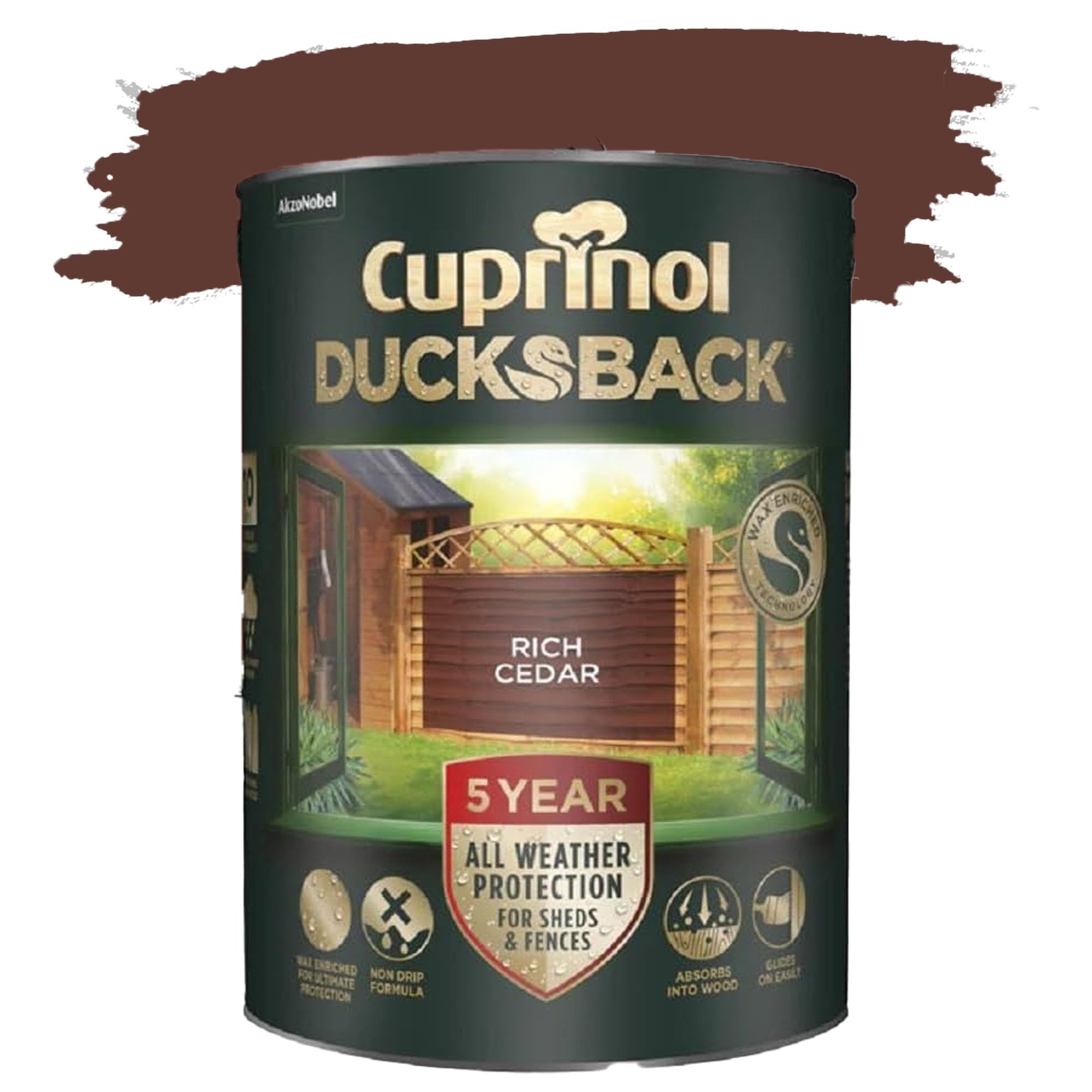 DUAYRA Ducksback Fence Paint 5L | All Weather Protection Paints | Outdoor Sheds Fence Wood Treatment | Low VOC - 10m²/L Coverage | Quick Drying Waterproof | Non Drip, Wex-Enriched | (Rich Cedar)