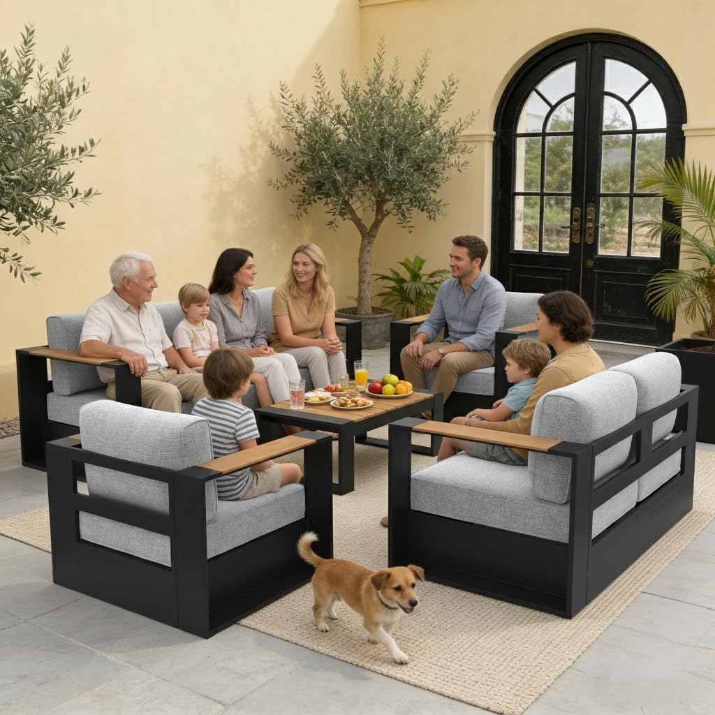 Aluminum Patio Furniture Set, 5 Seats Luxury Seating Furniture with Coffee Table, All Weather Outdoor Conversation Sets with 6" Thickened Cushions