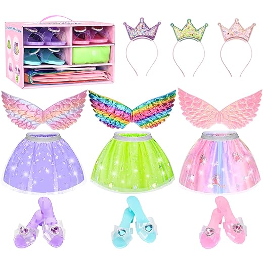 EULRGAUS Princess Dress Up, Toddler Dress Up Clothes for Girls with 3 Sets of Fairy Costumes, Unicorn Wings, Princess Shoes and Hairbands, Kids' Dress Up & Pretend Play Toys Gifts for Girls