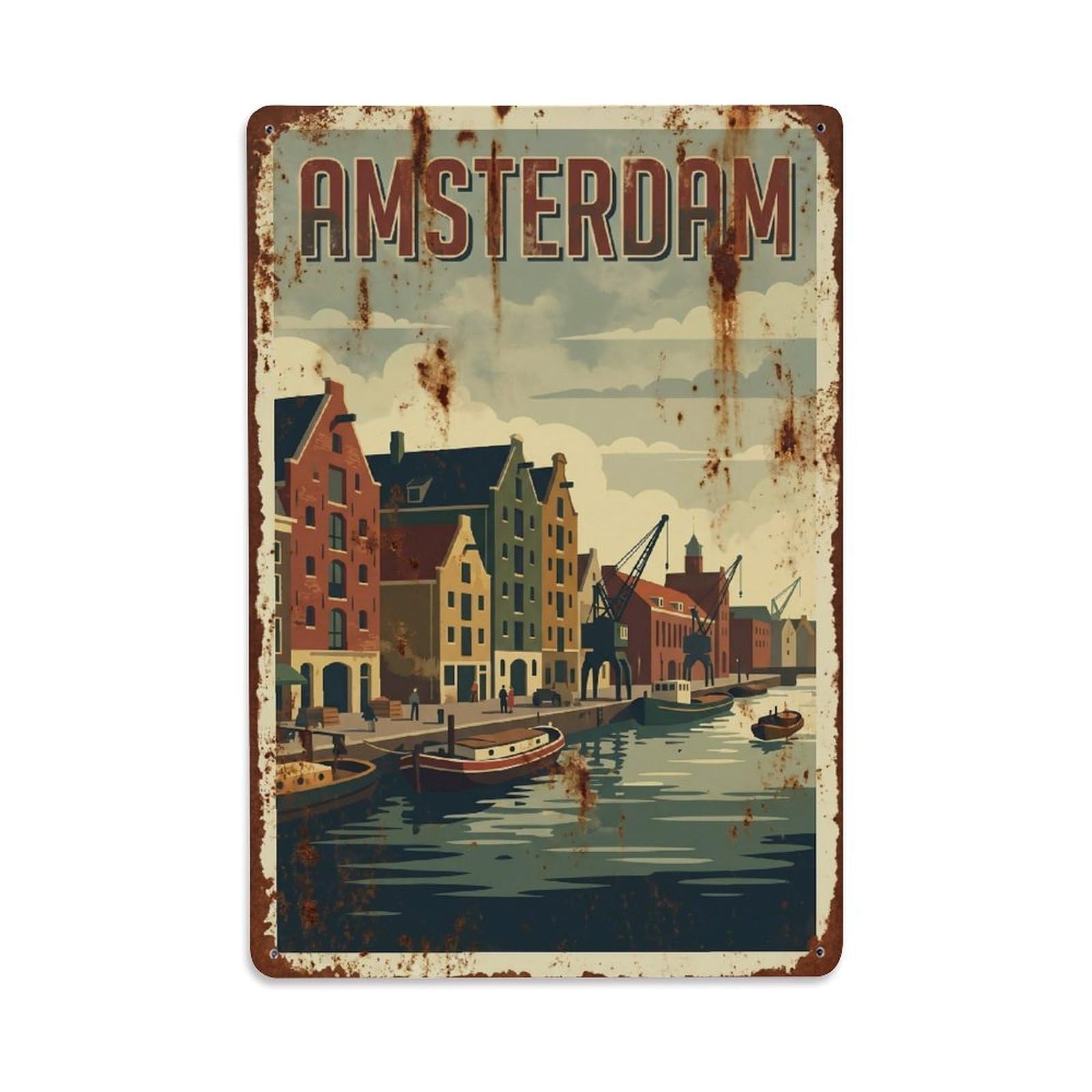 Okngb Style Classic Warehouse Amsterdam Historic Landmark Dutch Metal Tin Sign Plaque Wall Decor For Cafe, Man Cave, Club Bar, Office, Home Garden Round Metal Poster 8X12inch