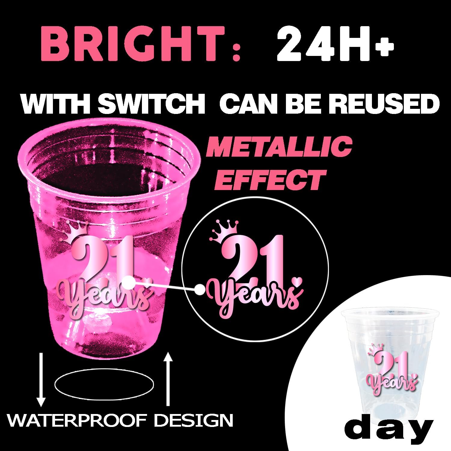 mishunyus 24 Pack Glow 21st Birthday Party Cups for Women - 16 oz Plastic Pink Cups with Rose Gold Foil Designs, Finally Legal & Happy 21" Decorations, Pink Glow Theme