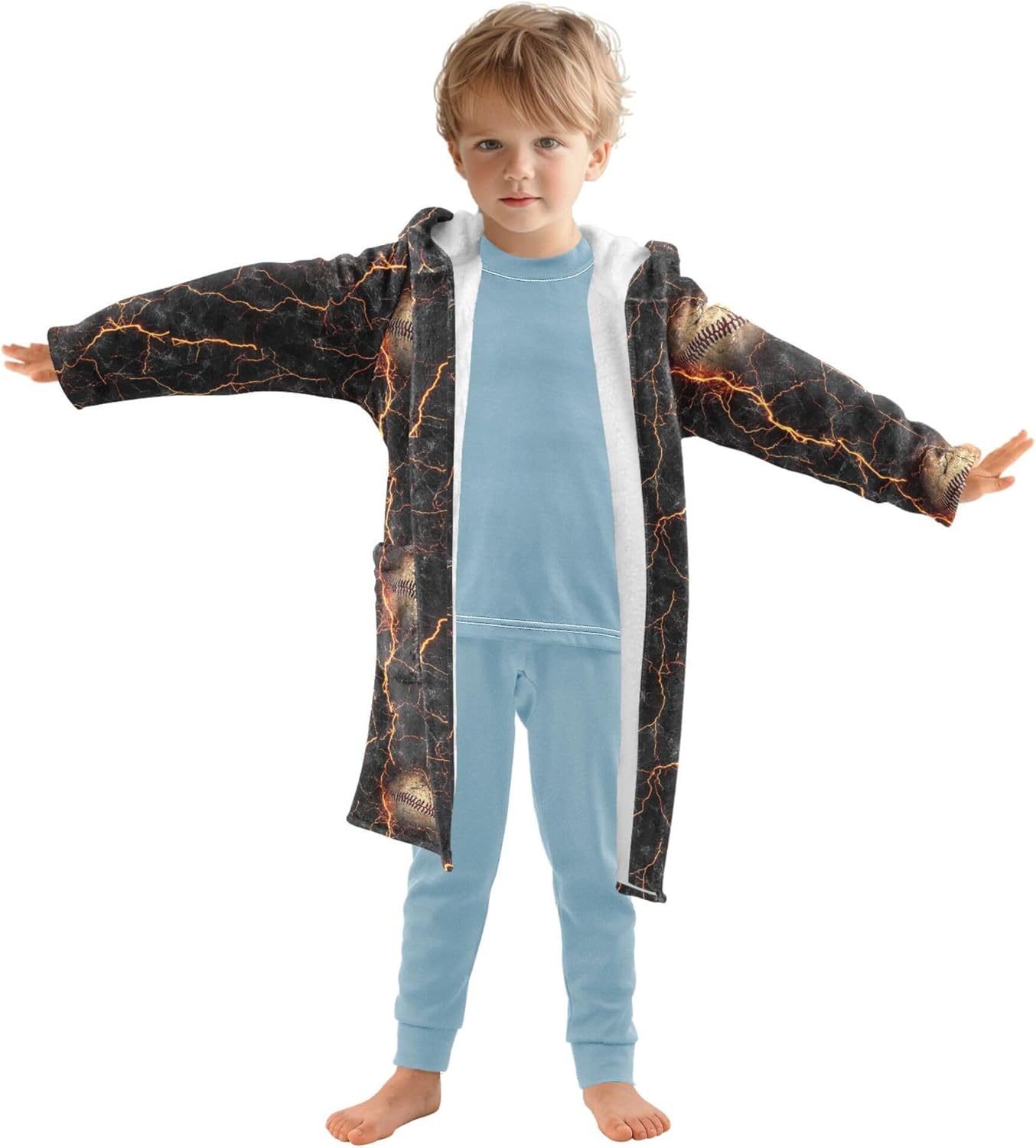 Baseball Lightning Black Bathrobe Hooded PJ Robe Plush Fleece Robe Pajama Sleepwear 2-12 Years