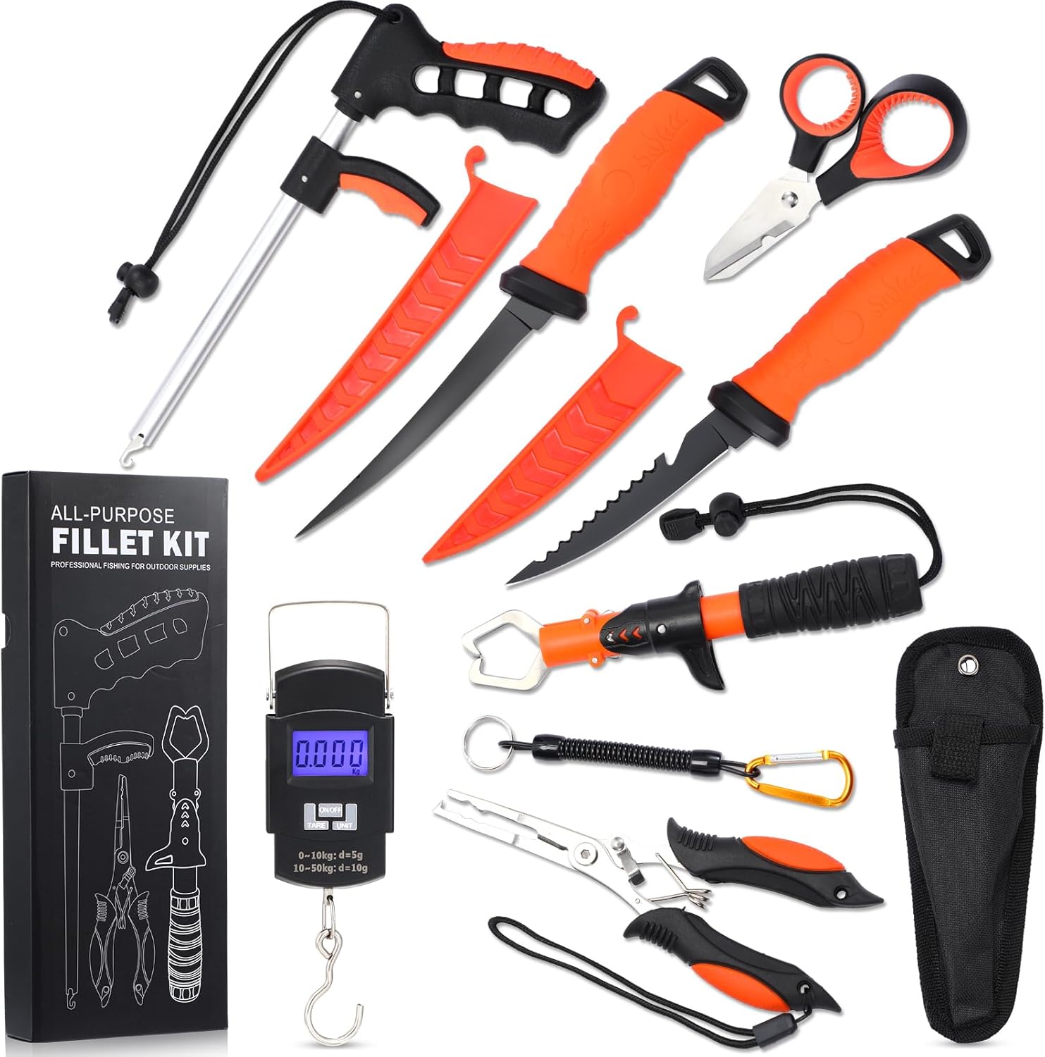 RoundFunny 9 Pcs Fishing Tool Kit, Fishing Pliers with Lanyard Sheath, Fillet Knife Kit Combo, Digital Scale, Hook Remover, Lip Gripper, Braid Scissors, Fish Gear Equipment Easter Gift Basket Men