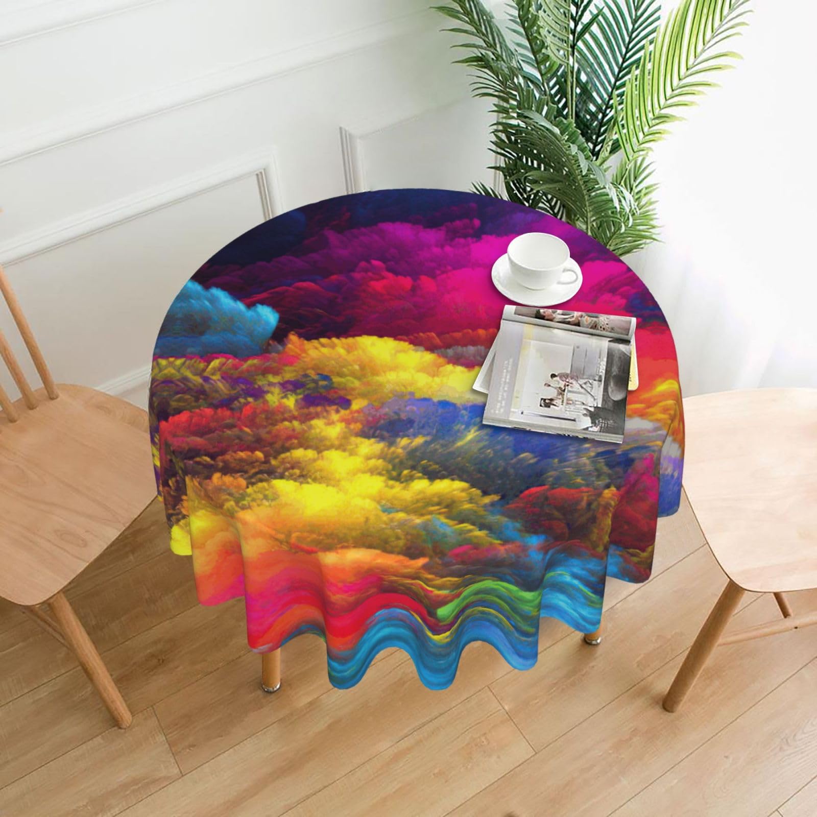 Zcmkjlg rainbow clouds Print Quick Ship Round Tablecloth 60in Polyester Washable Cover for Dining Room
