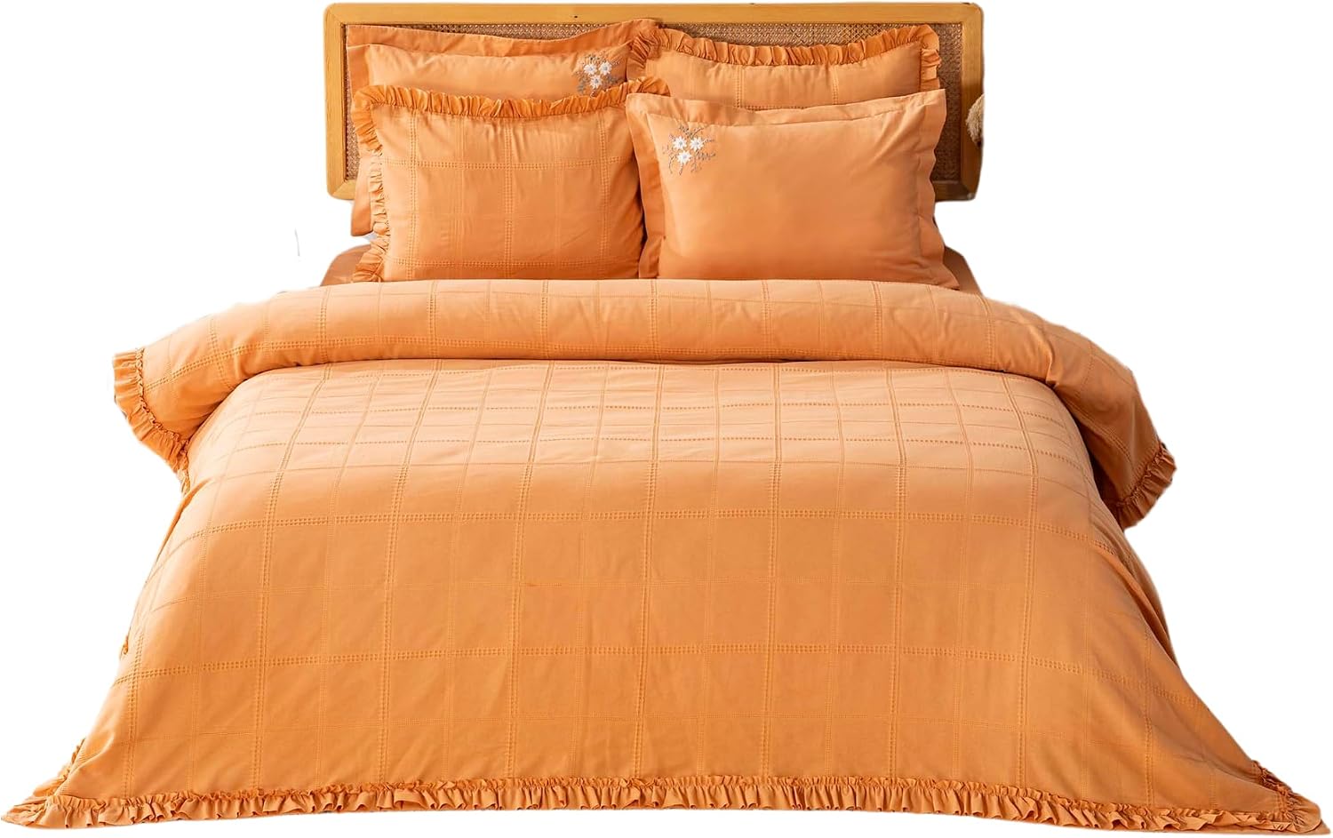 100% Cotton Duvet Cover Bedding Set | 6-Piece Embroidered Duvet Cover, Flat Sheet & Pillowcases | Oversized Cotton Bedding Set for Bedroom (Fiorella Orange, 94.49 × 102.36 inch)