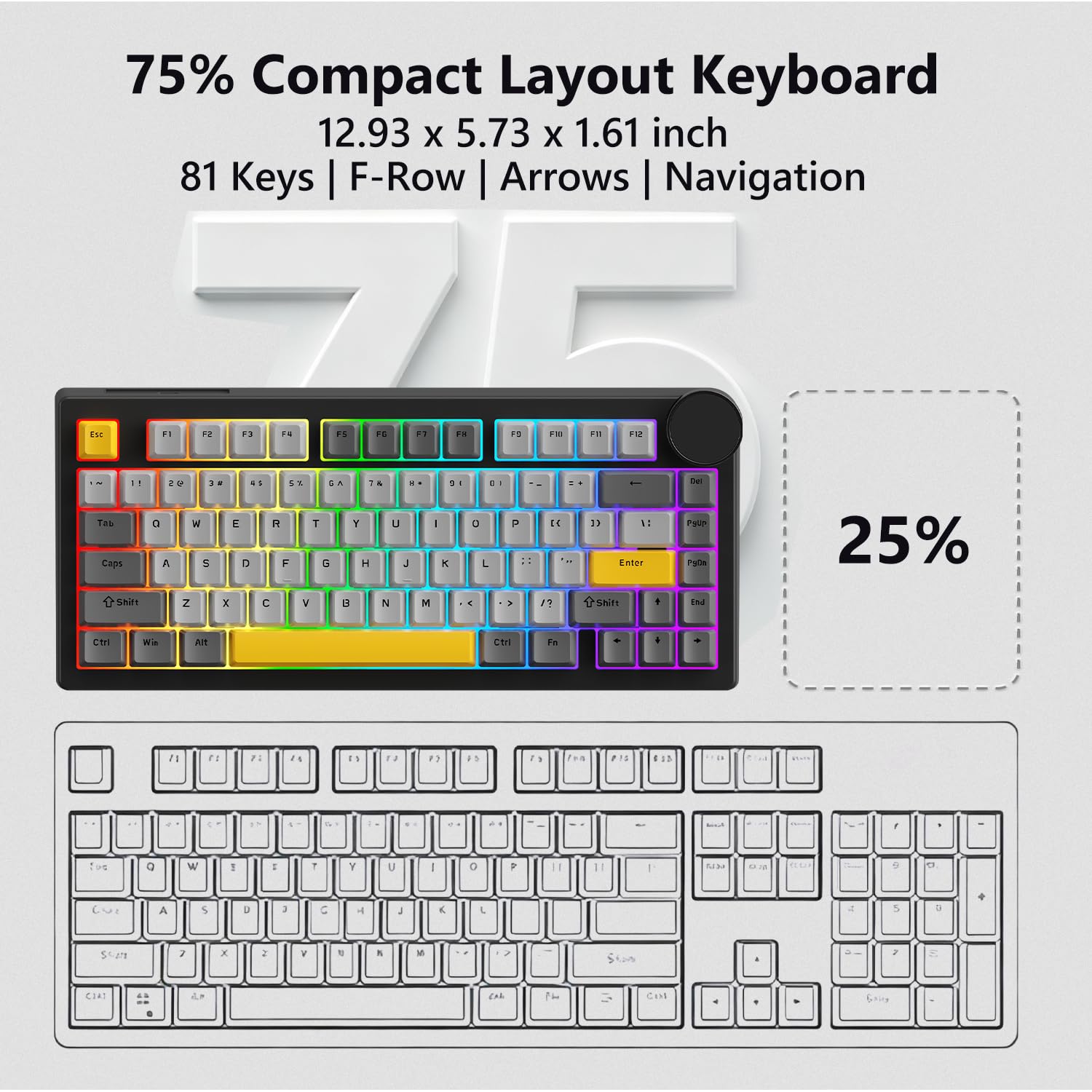 AK820 V2 - Teclado con interruptor mecánico con cable al 75%, interruptor magnético de efecto Hall Bingyu, disparador rápido ajustable, tasa de sondeo 8K, perilla inteligente TFT de 0.9 pulgadas, RGB