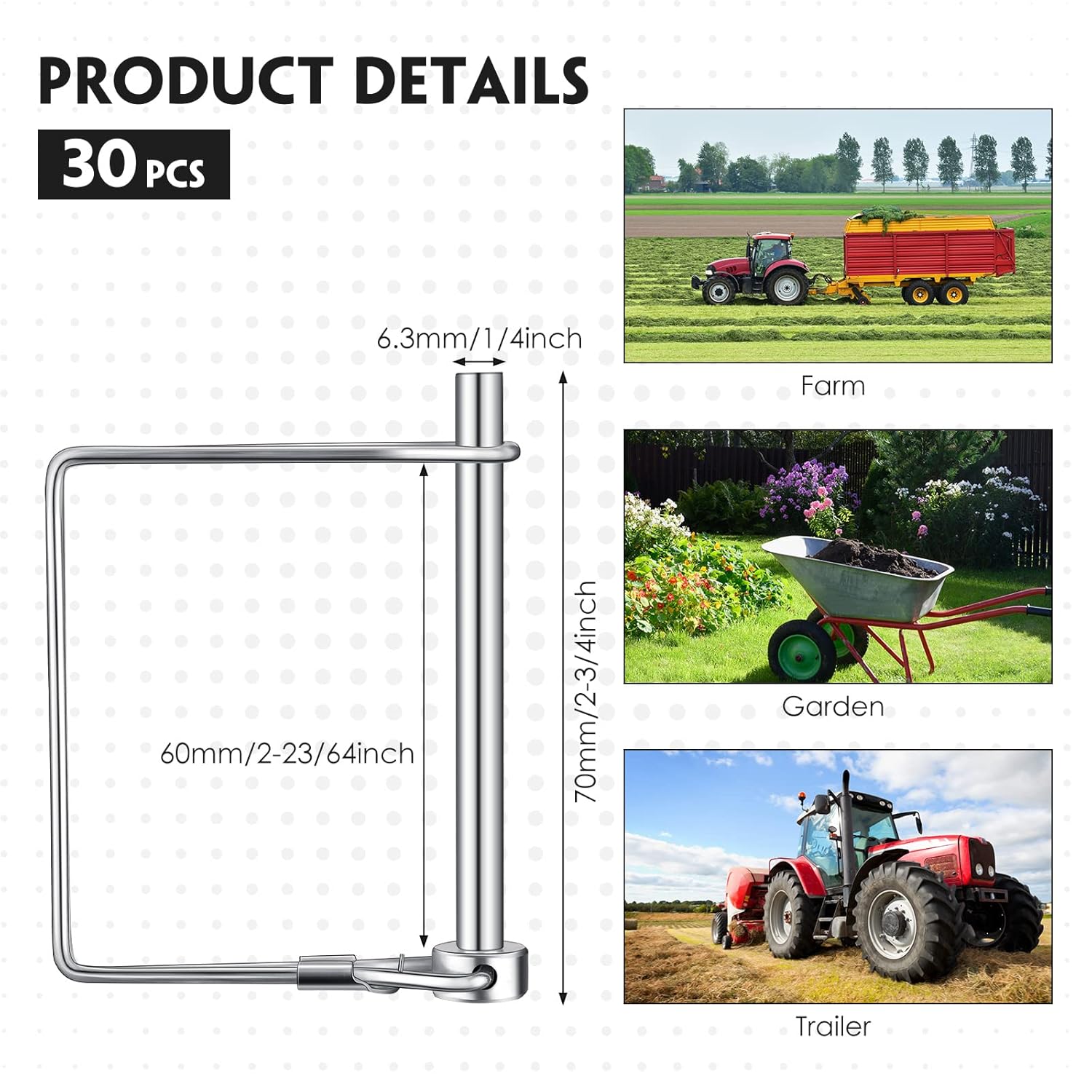 Kenning 30 Pcs Square Trailer Coupler Pins 1/4" x 2-3/4" Shaft Locking Pto Hitch Safety Pin Carbon Steel Wire Trailer Hitch for Farm Lawn Garden