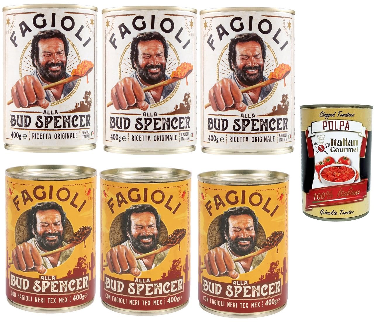 Fagioli alla Bud Spencer - Frijoles cocinados en salsa, caja 400 g, Receta italiana original o Tex-Mex (fagioli neri) Listos para calentar, Fuente de proteínas, 6 x 400 g + Italian Gourmet Polpa 400 g