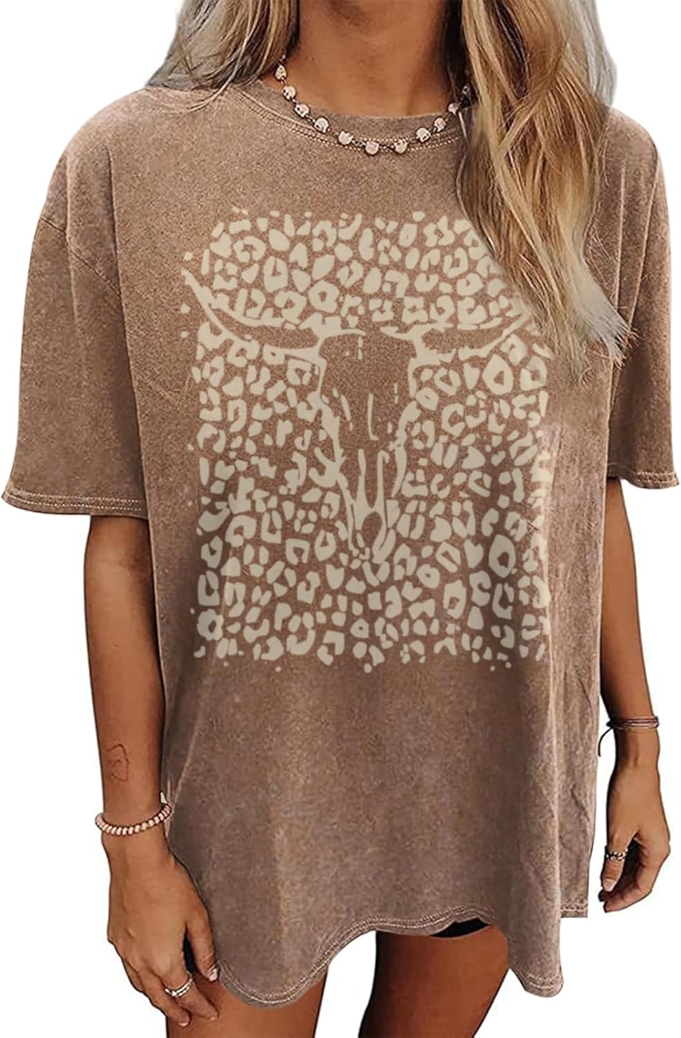 Western Cow Skull Shirts for Women Boho Cowgirl Shirt Vintage Acid Wash Tshirt Oversize Rodeo Graphic Tee Country Top