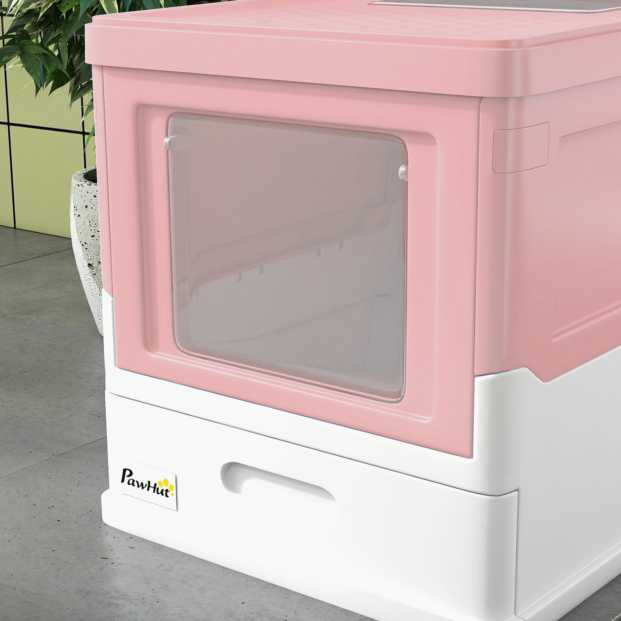 PawHut Bac à litière pour Chat Maison de Toilette fermé Pliable Double Porte battante et supérieure + Pelle + tiroir Amovible Anti-éclaboussures Nettoyage Facile - 47,5x35,5x36,7cm Rose Blanc