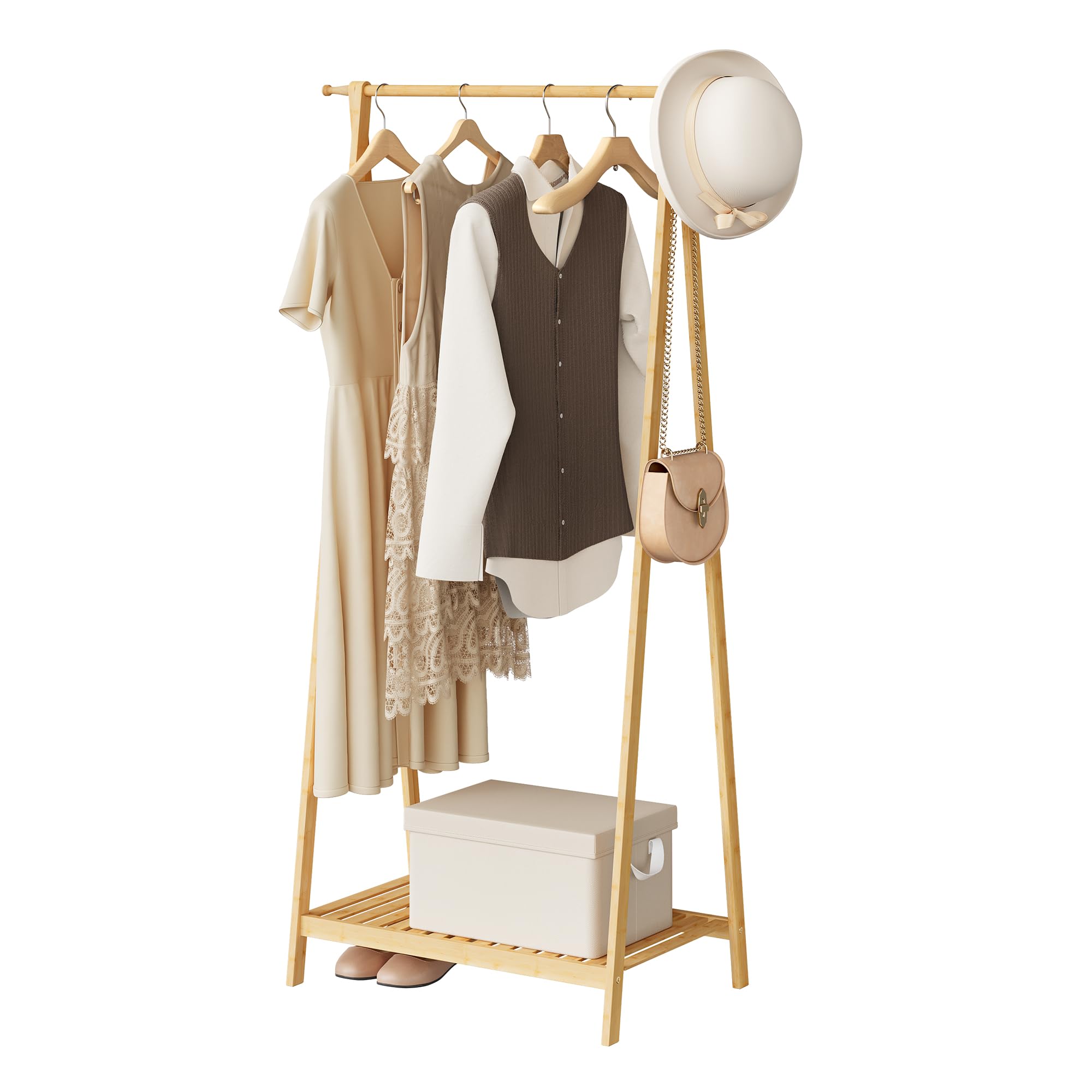 WOLTU Clothes Rail, Bamboo Coat Rack with Shoe Storage, for Hallway/Wardrobe/Bedroom/Balcony, Freestanding, 82x42x155 cm