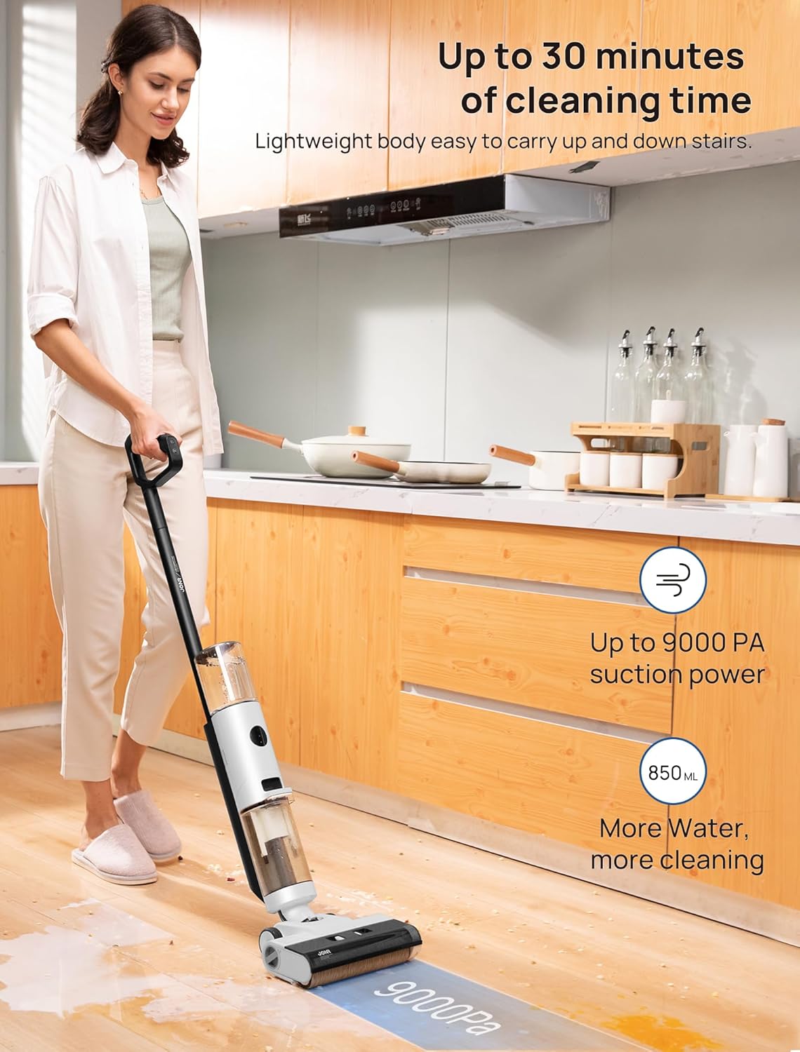 JONR ED12 components including main unit, charging dock, roller brush, adapter, and manual