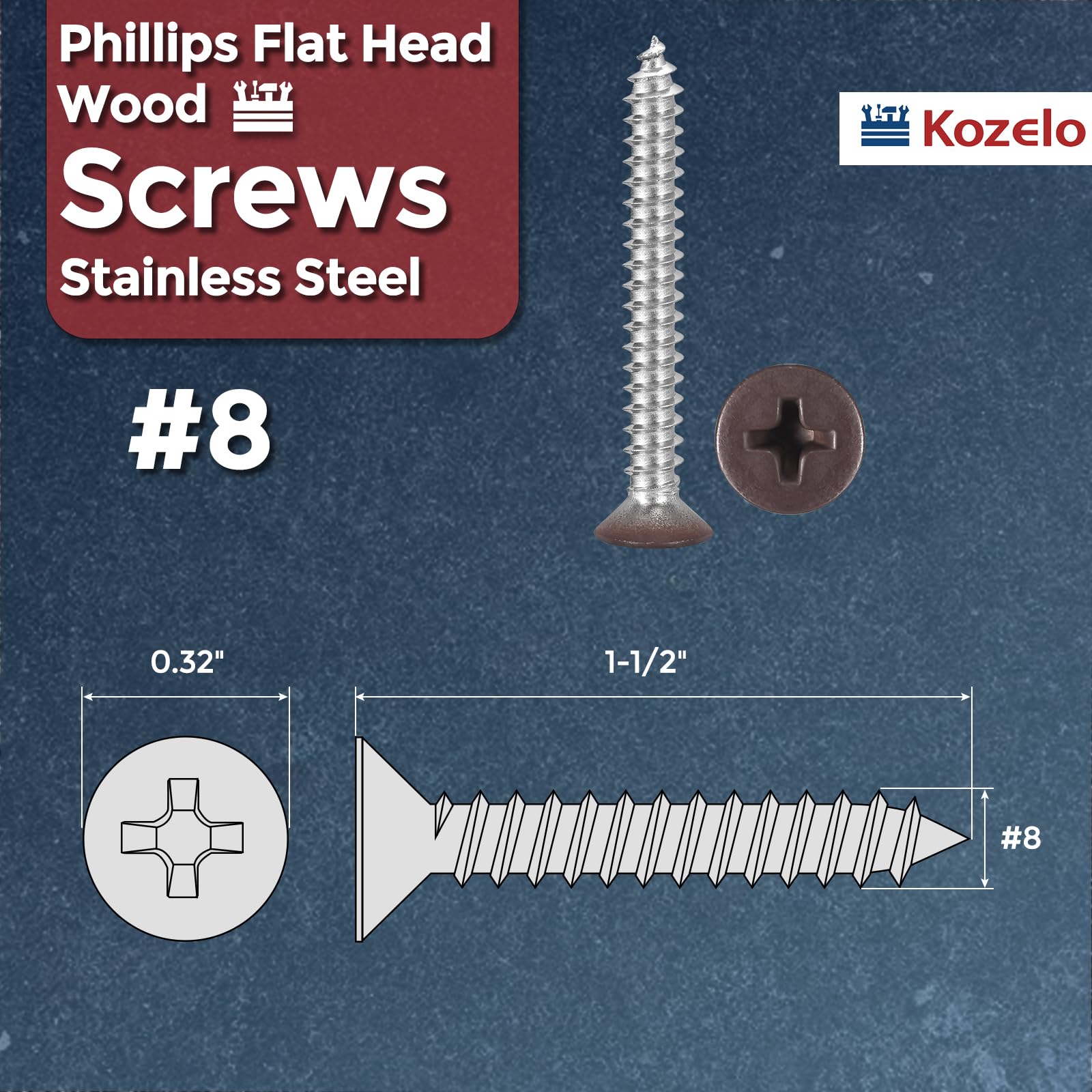 Kozelo 100pcs Phillips Flat Head Wood Screws - Image 2