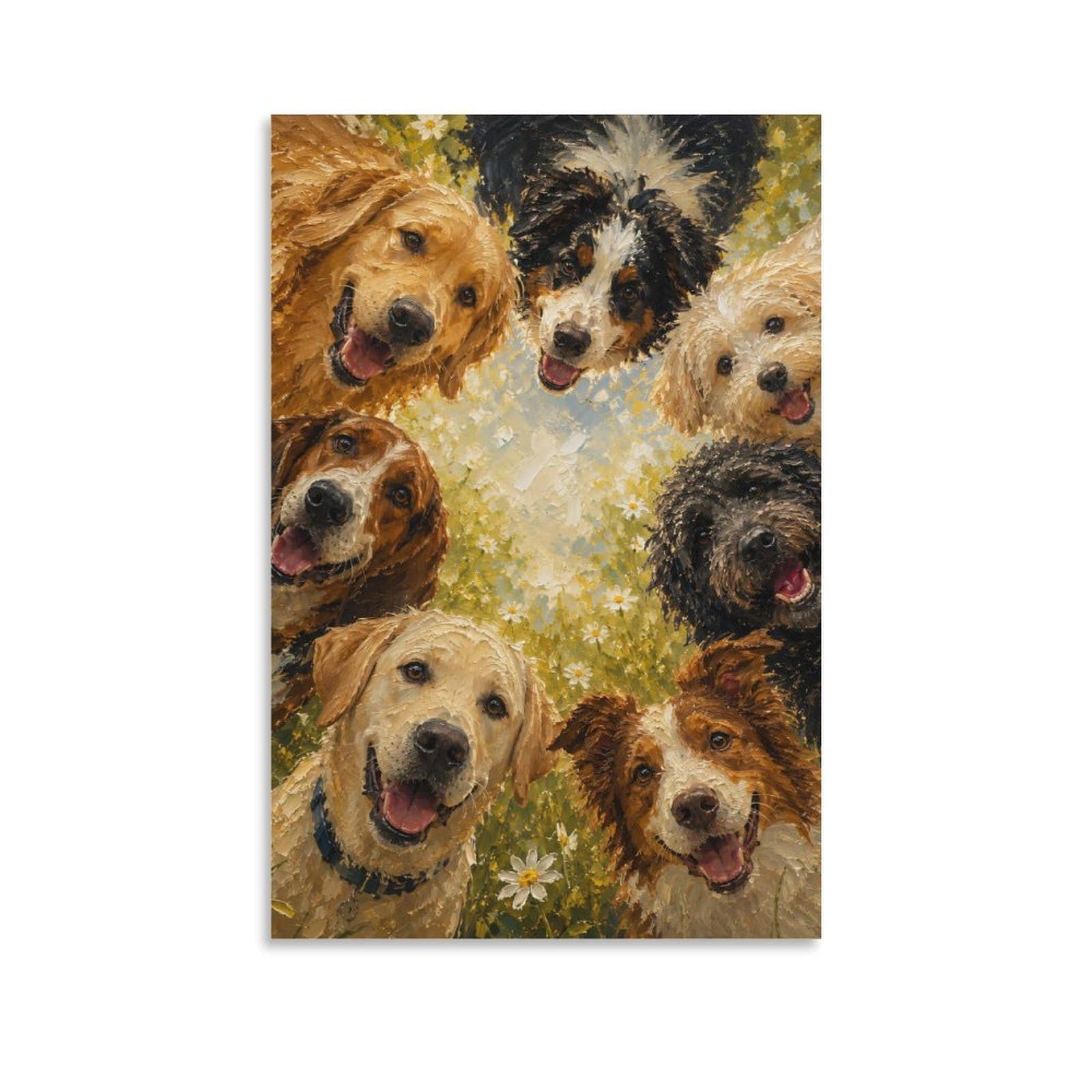 W7C8U2X3 Happy Dogs Floral Canvas Wall Art, Whimsical Dog Wall Art