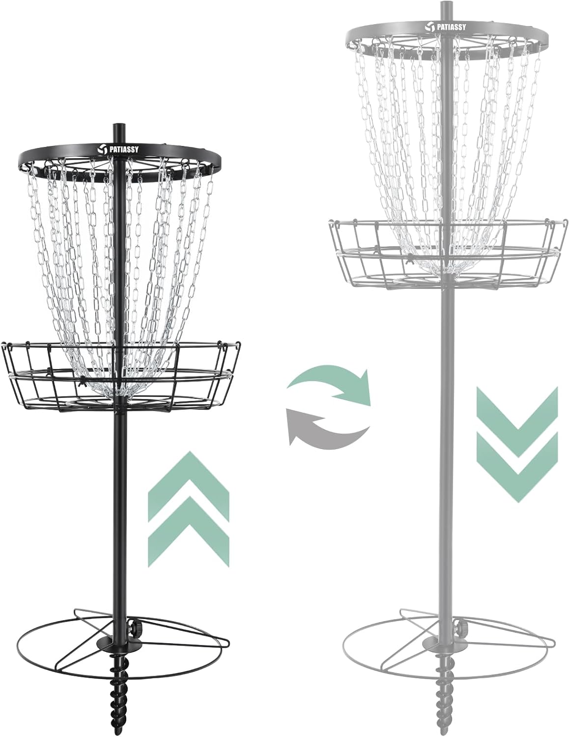 Patiassy Disc Golf Basket: 24/12 Heavy Duty Chains, Adjustable 52-74" Height, Portable Target with Ground Stake for Backyard Practice