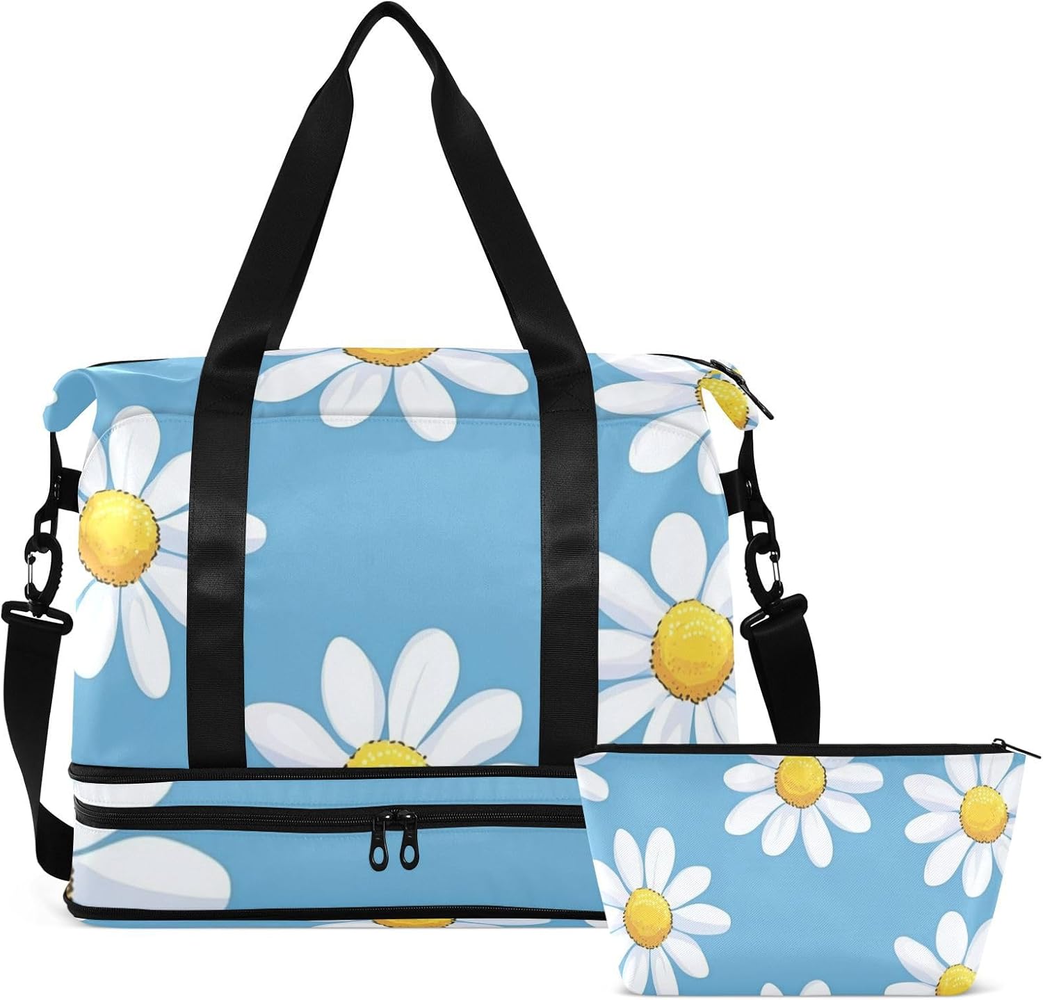 Blue and White Daisies Large Gym Bag Sports Gym Tote Bag with Adjustable Strap for Hiking 2 Pcs Set