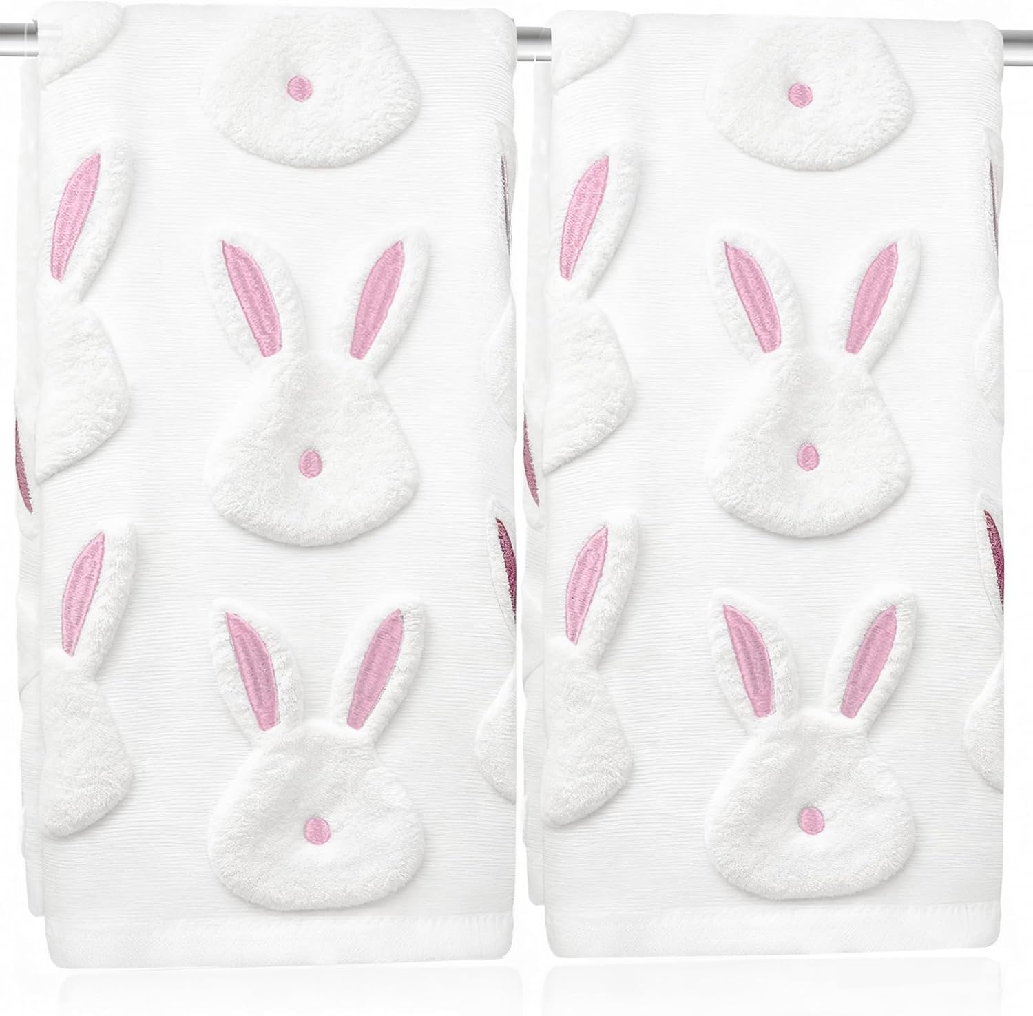 2pcs Easter Bunny Hand Towels Set 100% Cotton Soft Absorbent Spring Bathroom Hand Towels 14x29 Inch Cute Jacquard Easter Kitchen Decor Towels Holiday Kitchen Bathroom Decor Gift(White)
