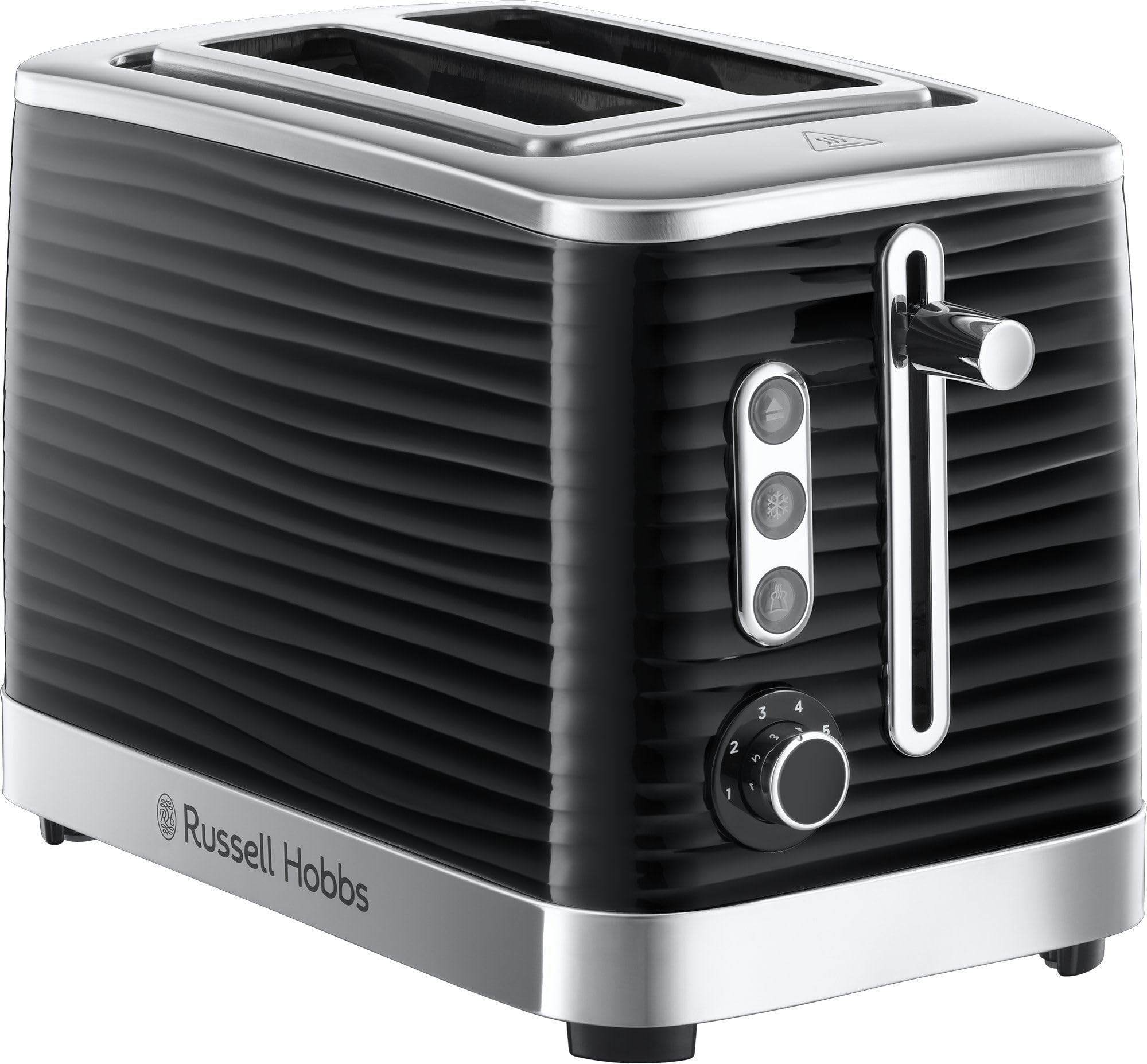 Russell Hobbs Inspire 2 Slice Toaster (Extra wide slots, High lift feature, 6 Browning levels, Frozen/Cancel/Reheat function with Blue LED illumination, 1050W, Black textured high gloss) 24371