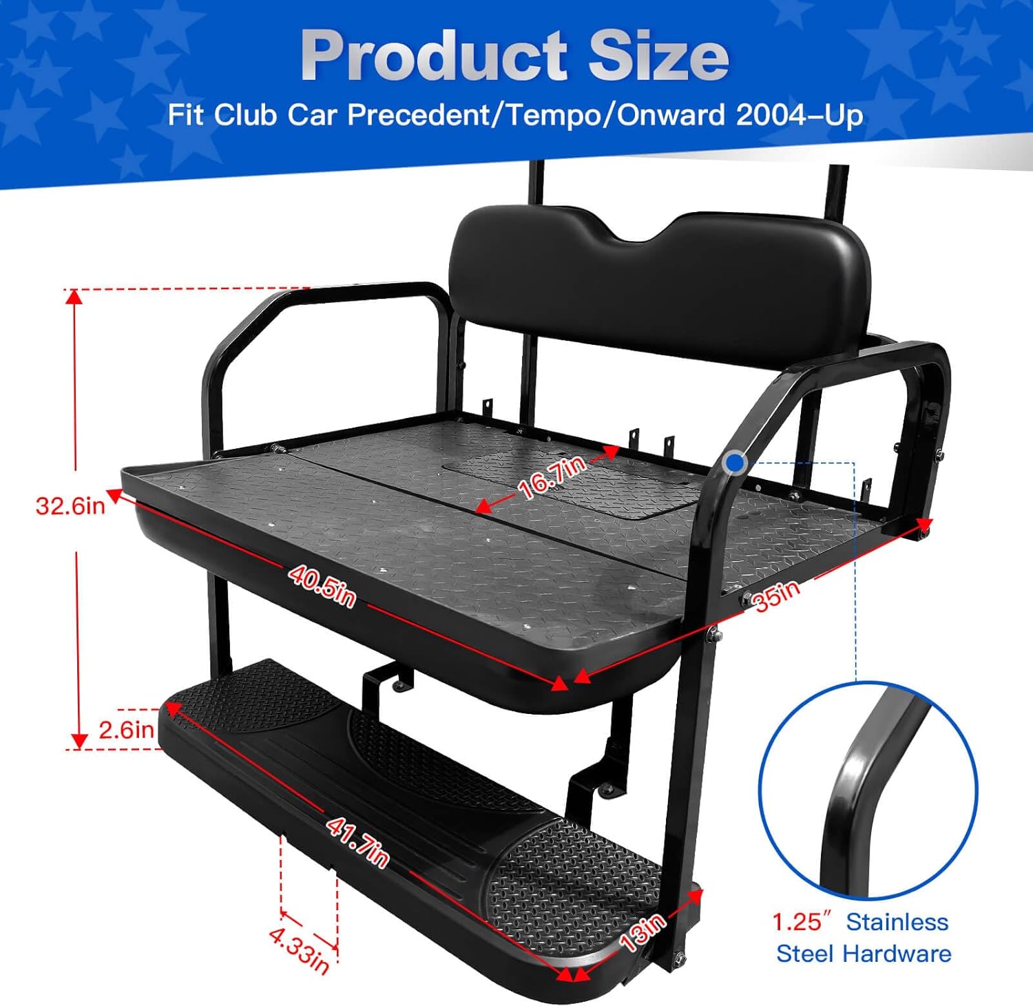 NOKINS Golf Cart Rear Seat Kit, Back Flip Seat for Club Car Precedent/Tempo/Onward 2004-Up, 1.25-Inch Square Steel Frame, Integrated Seat Belt Mounts, UV-Resistant, High-Density Foam Padding(Black)
