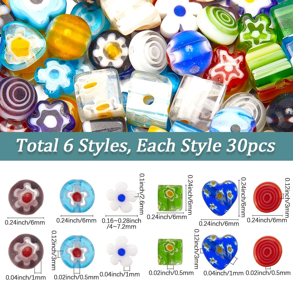PONABEADIY 1 Box 6 Styles 180PCS Lampwork Beads Glass with Hole Handmade Millefiori Flower Heart Flat Round Cube Colorful Charms Loose Bead for Jewellery Making DIY Bracelets Necklaces Craft Supply - Image 2