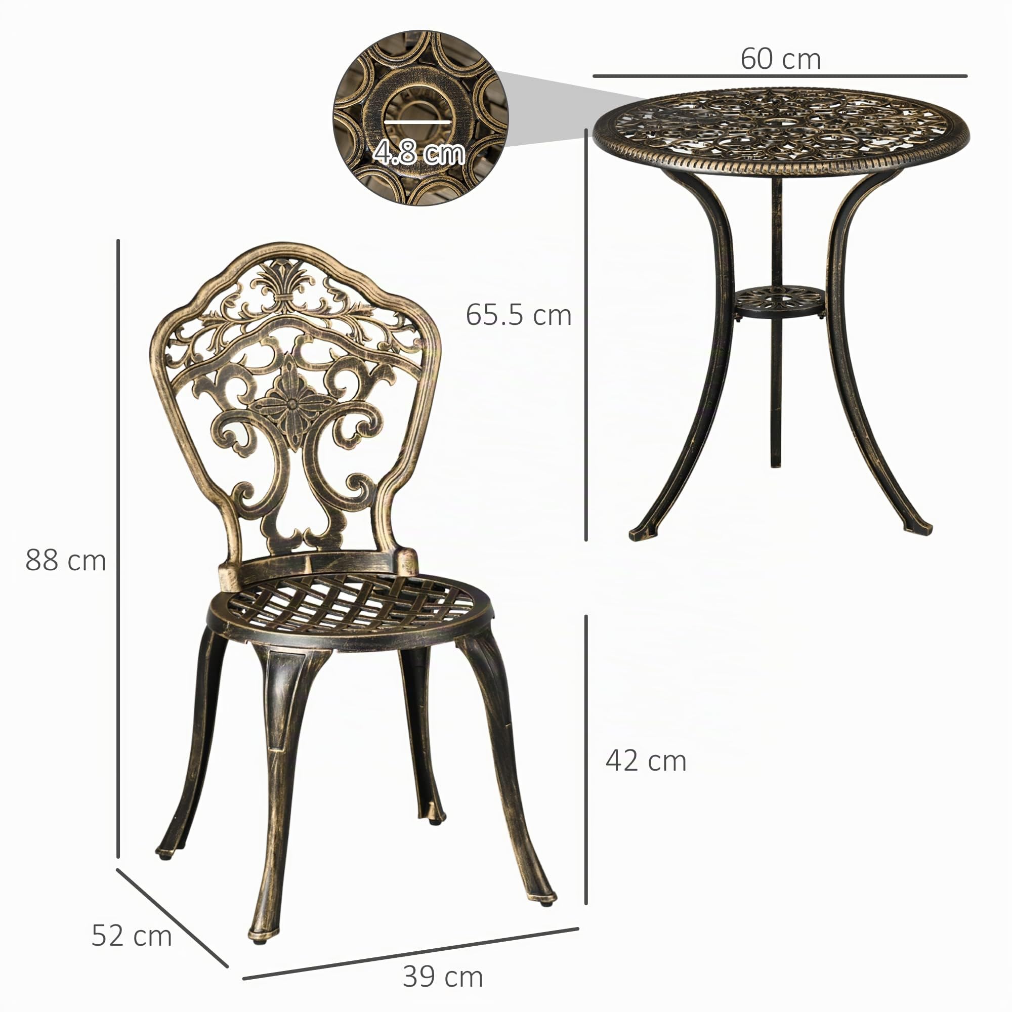 Outsunny Set Bistrò da Giardino 3 Pezzi con Foro per Ombrellone Bronzo | 2 Sedie da Giardino e Tavolino Rotondo, Set Tavolo e Sedie in Alluminio, per Patio Cortile Esterno