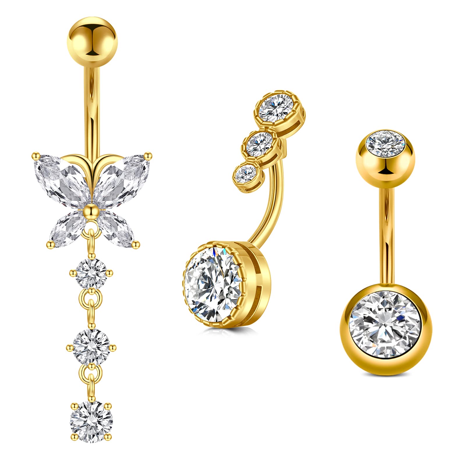 FECTAS 3pcs Piercing de Oro Ombligo 10mm lingote Acero quirúrgico Ombligo Joyas Perforadas Mariposa en Forma de corazón