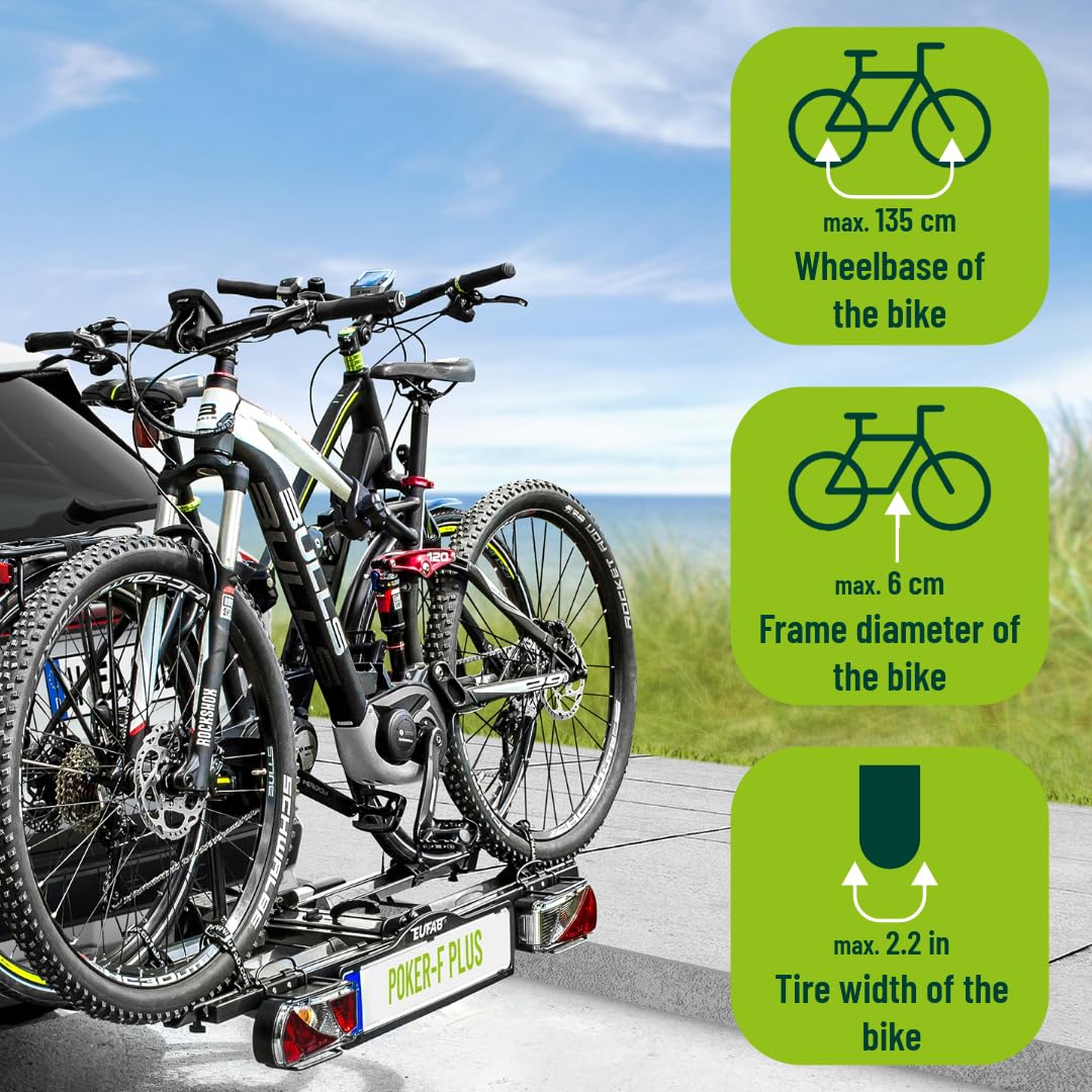 EUFAB 12012LASON - Portabici Poker-F Plus, con supporto per telaio chiudibile, adatto per e-bike, completamente premontato, per 2 biciclette, per gancio di traino, nero