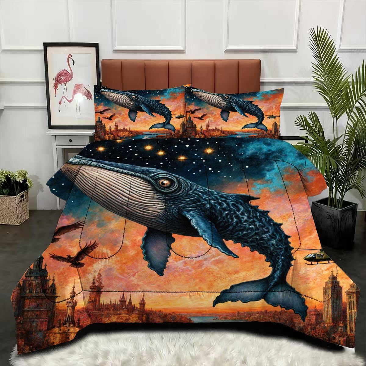 Couette 160x200 baleine animée avec 2 taies d'oreiller 65x65 pour lit adolescent et adulte