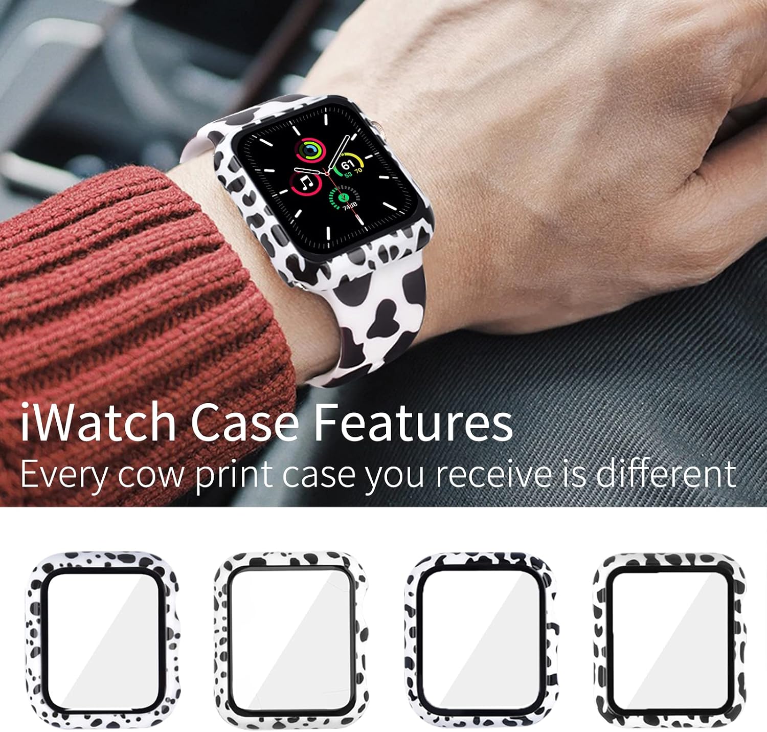 Vozehui 2-Pack Compatible with Apple Watch Cow Print 38 40 41 45 42 44mm Band with Cow Print Case,Cow Print Band ＆ Hard PC Case with Tempered Glass Screen Protector for iWatch Series 7/SE/6/5/4/3/2/1