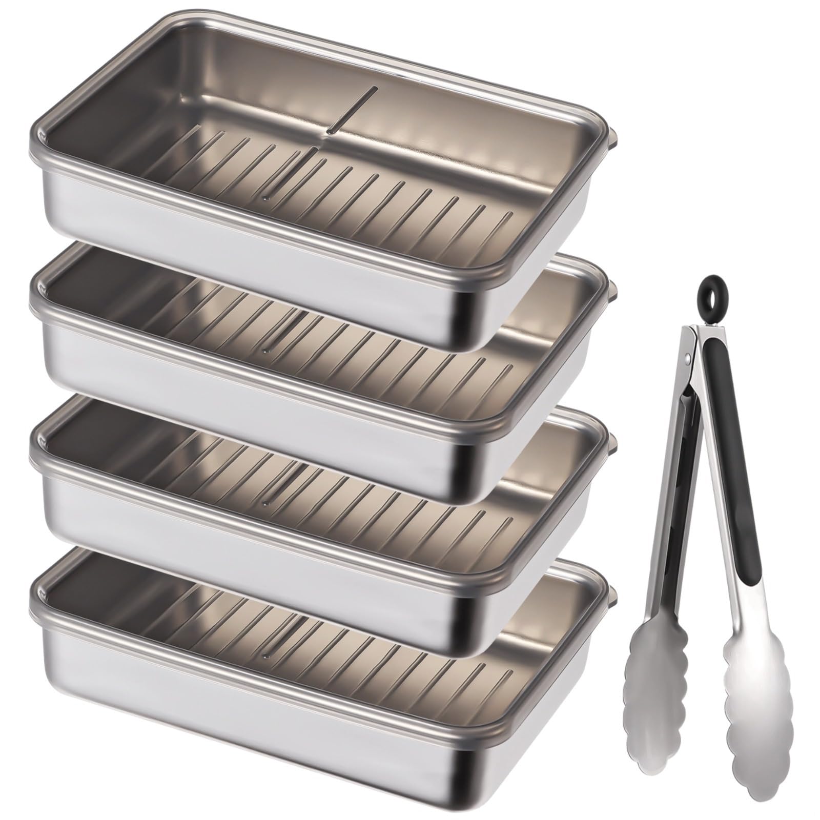 Käse- und Feinkost-Aufbewahrungsbox-Set aus Edelstahl, stapelbare Lebensmittelbehälter mit Lebensmittelzange, spülmaschinenfest, 765 ml, 4 Stück