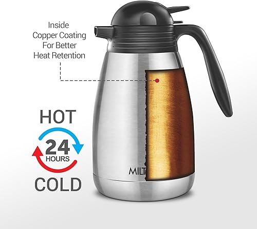 Miniatura 2 de Milton Thermosteel Jarra térmica de doble pared aislada al vacío, 50.7 fl oz, 50 onzas, tapa para prensar y verter, 24 horas de calor y frío, acero