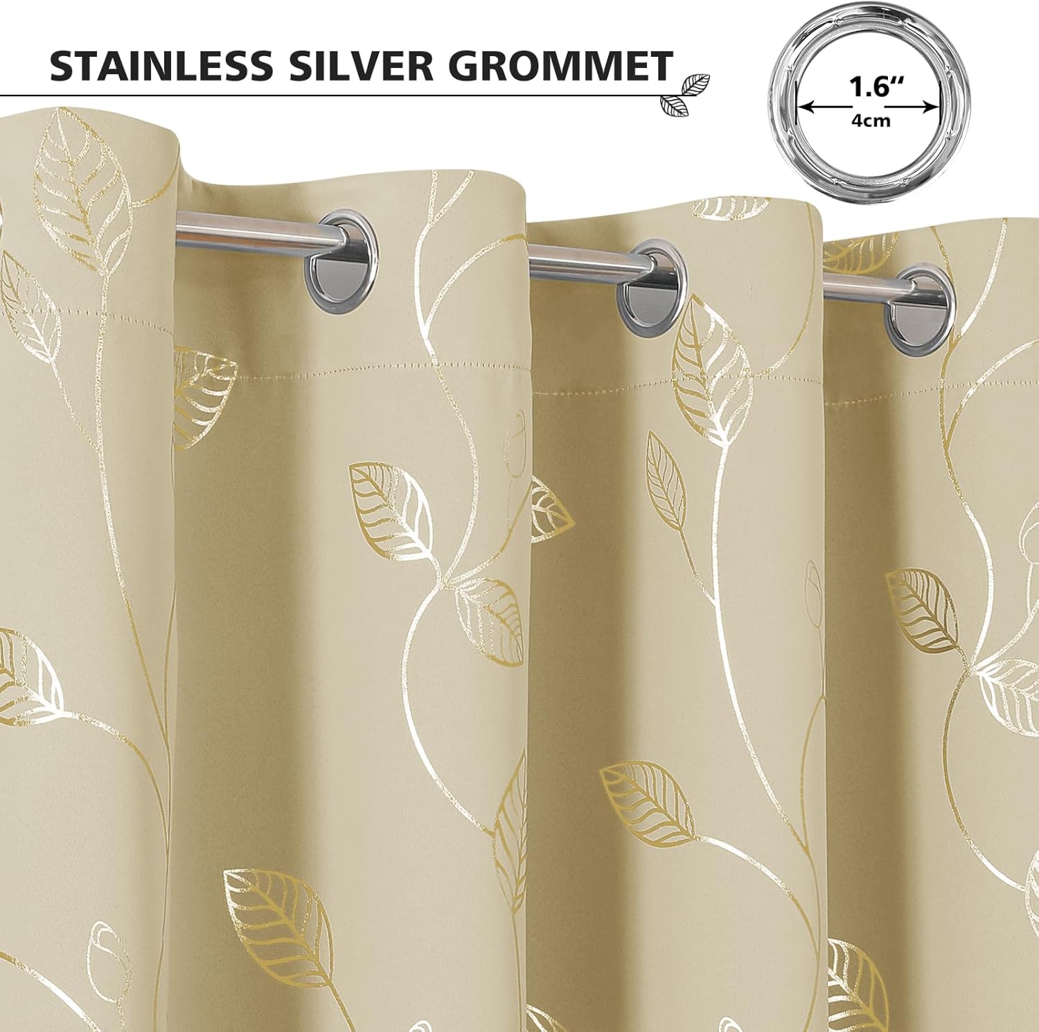 BUHUA Heat Blocking Curtains, Black Out Curtains 45 Inch Long 2 Panels Burg, Soundproof Curtains with Gold Leaf Printed (52 x 45 Inch, Beige, Set of 2 Panels)