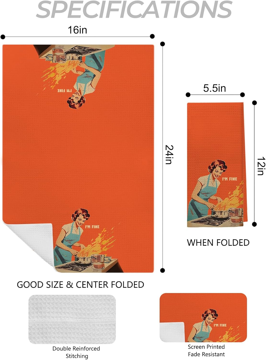 I'm Fine Funny Cooking Kitchen Towels, 50s Retro Housewife Decorative Dish Tea Towels, Mid Century Modern Sarcastic Humor Hand Towels for Kitchen, Hostess Gifts, 16x24 Inch - Image 2