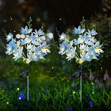 Neporal Solar Flowers Outdoor Waterproof IP65, 5-Head Snow Lotus with 20+ Flowers, Warm LED Light & 2 Lighting Modes, Decorative Solar Lights Outdoor Garden, Yard, Pathway, Flower Bed 2-Pack, Blue
