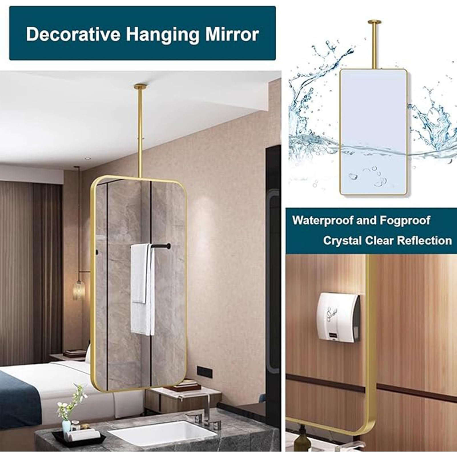 Specchio sospeso a soffitto, specchio da bagno con cornice in metallo nero per parete, specchi quadrati da soffitto, specchi rettangolari da appendere per decorazione da parete